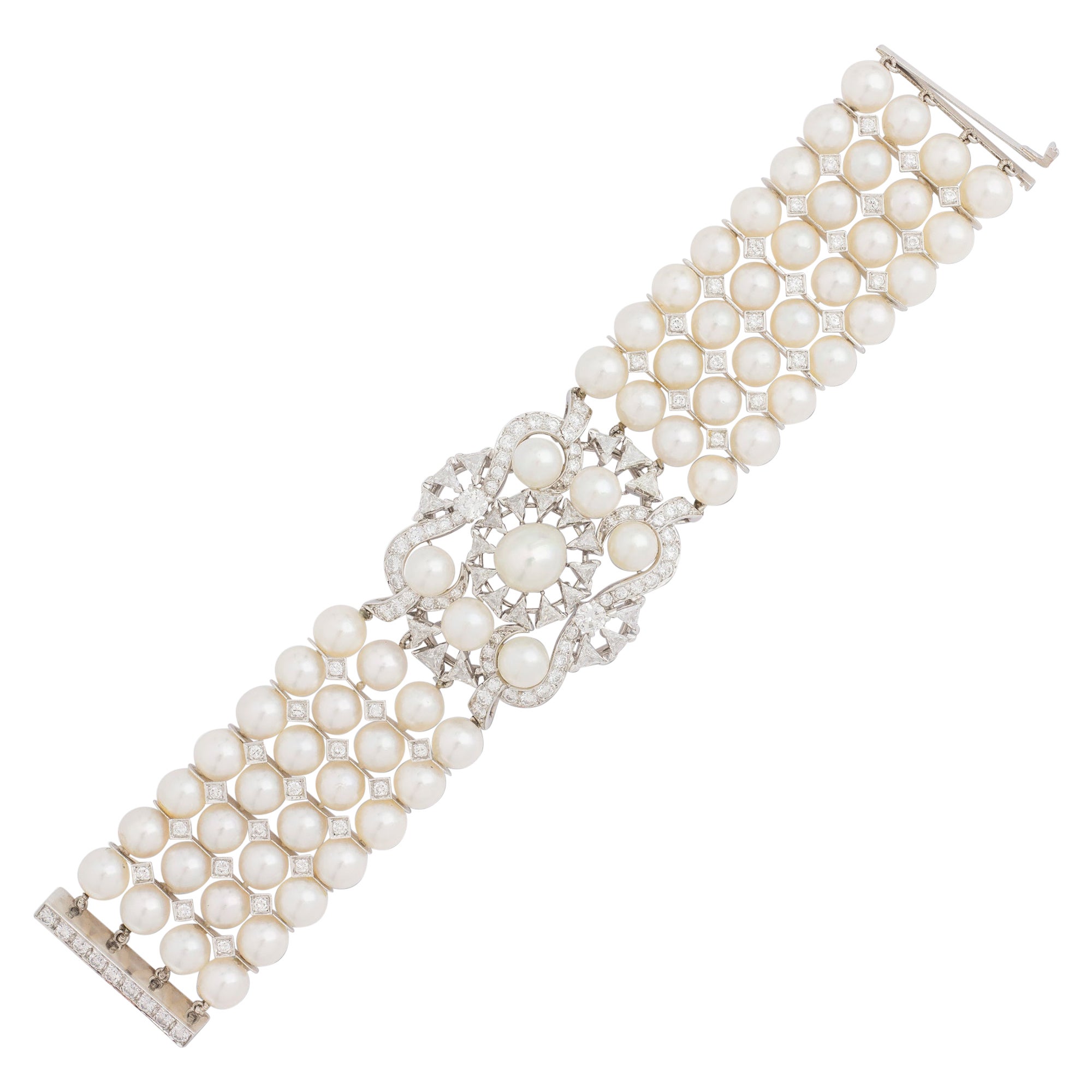 Impressionante bracciale di diamanti e perle in platino venduto da David R. Balogh