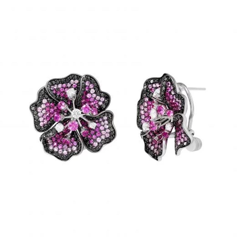 Impressive Diamond Pink Sapphire Flower White 18k Gold Earrings for Her In New Condition For Sale In Montreux, CH