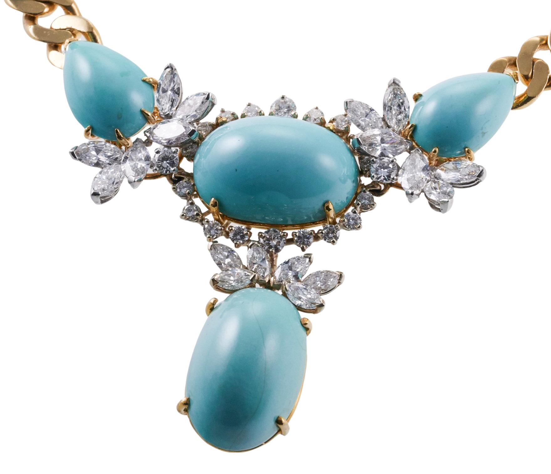 Impressive gorgeous 18k gold necklace, circa 1980s. Set with turquoise and a combination of marquise and round cut diamonds - total approximately 7.50ctw  H/Si1. Necklace is 17.5