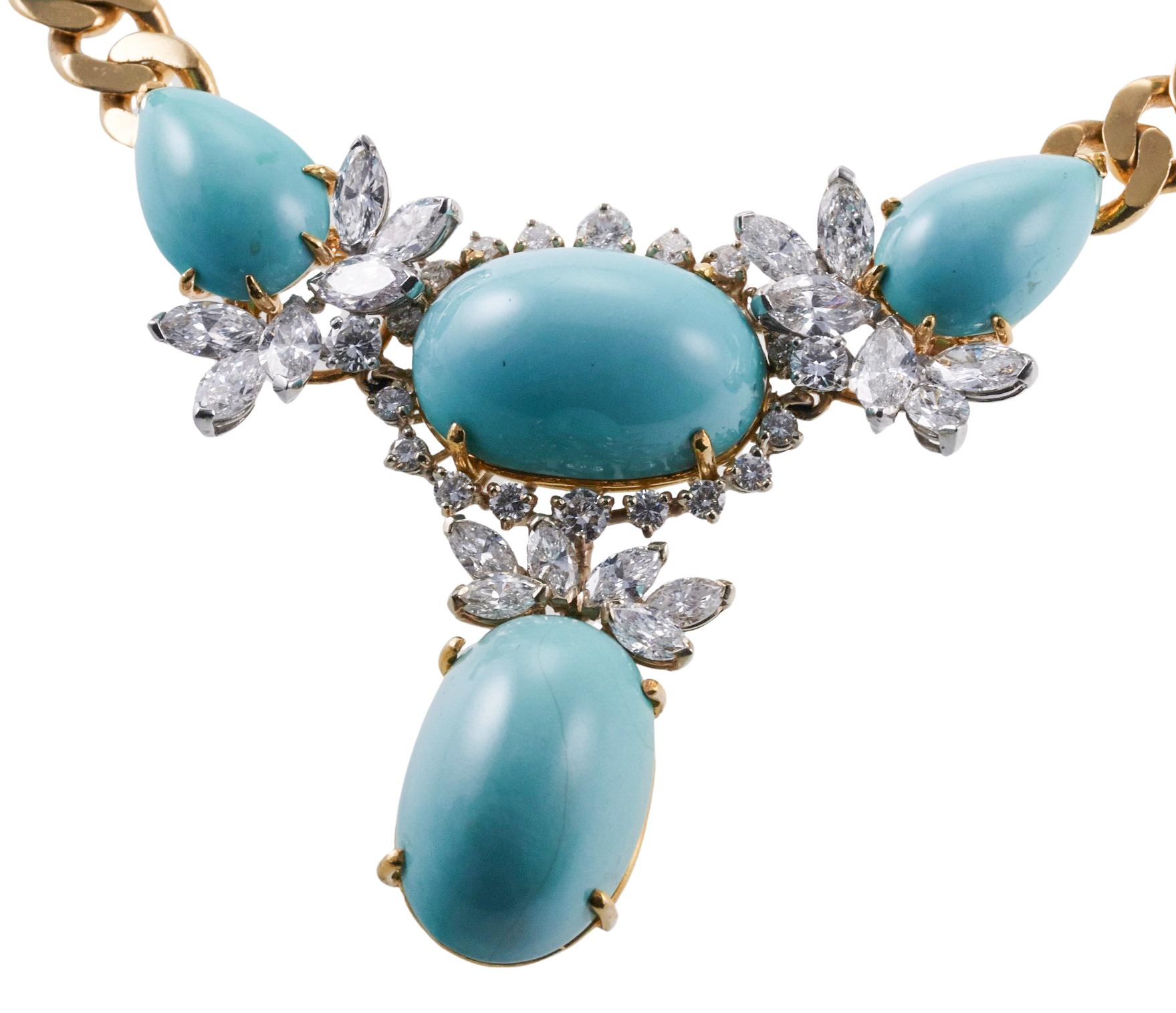 Impressionante e splendida collana in oro 18 carati, circa anni '80. Incastonato con turchesi e una combinazione di diamanti taglio marquise e rotondi, per un totale di circa 7,50 carati.  H. H. 1. La collana è lunga 17,5