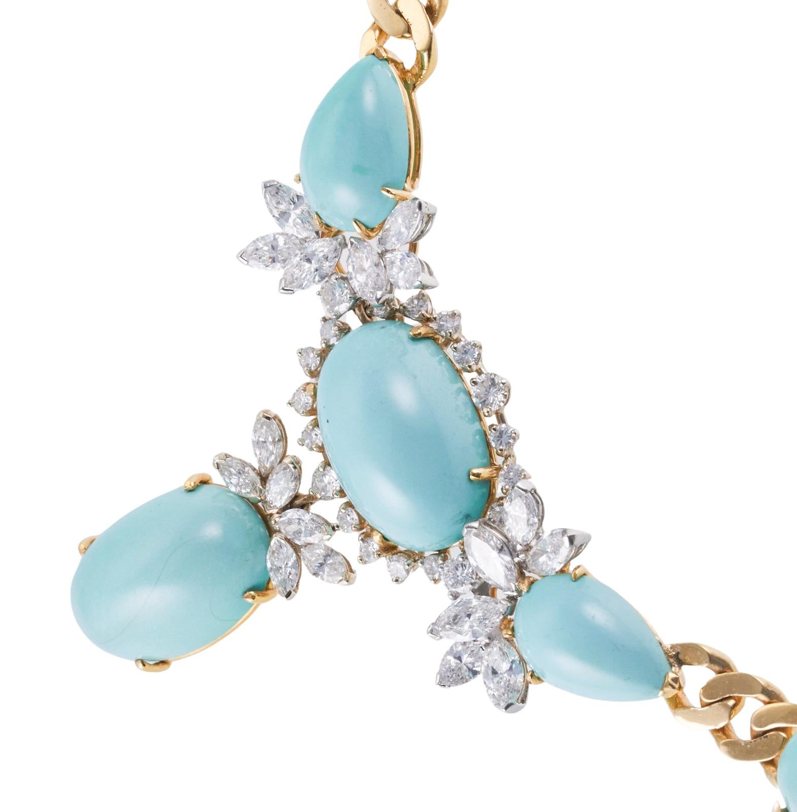 Women's Impressive Diamond Turquoise Gold 1980s Necklace For Sale