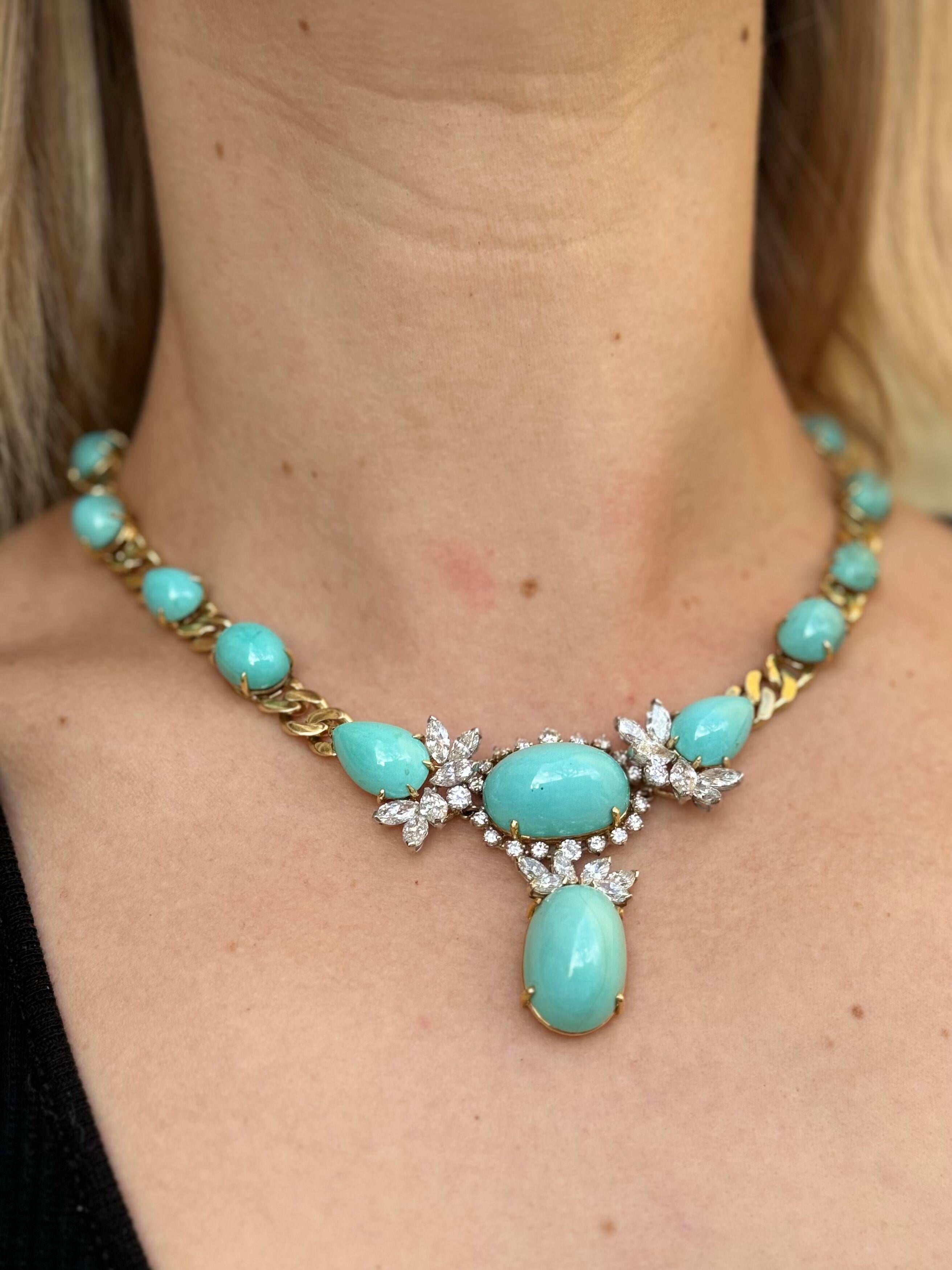 Impressive Diamond Turquoise Gold 1980s Necklace For Sale 3