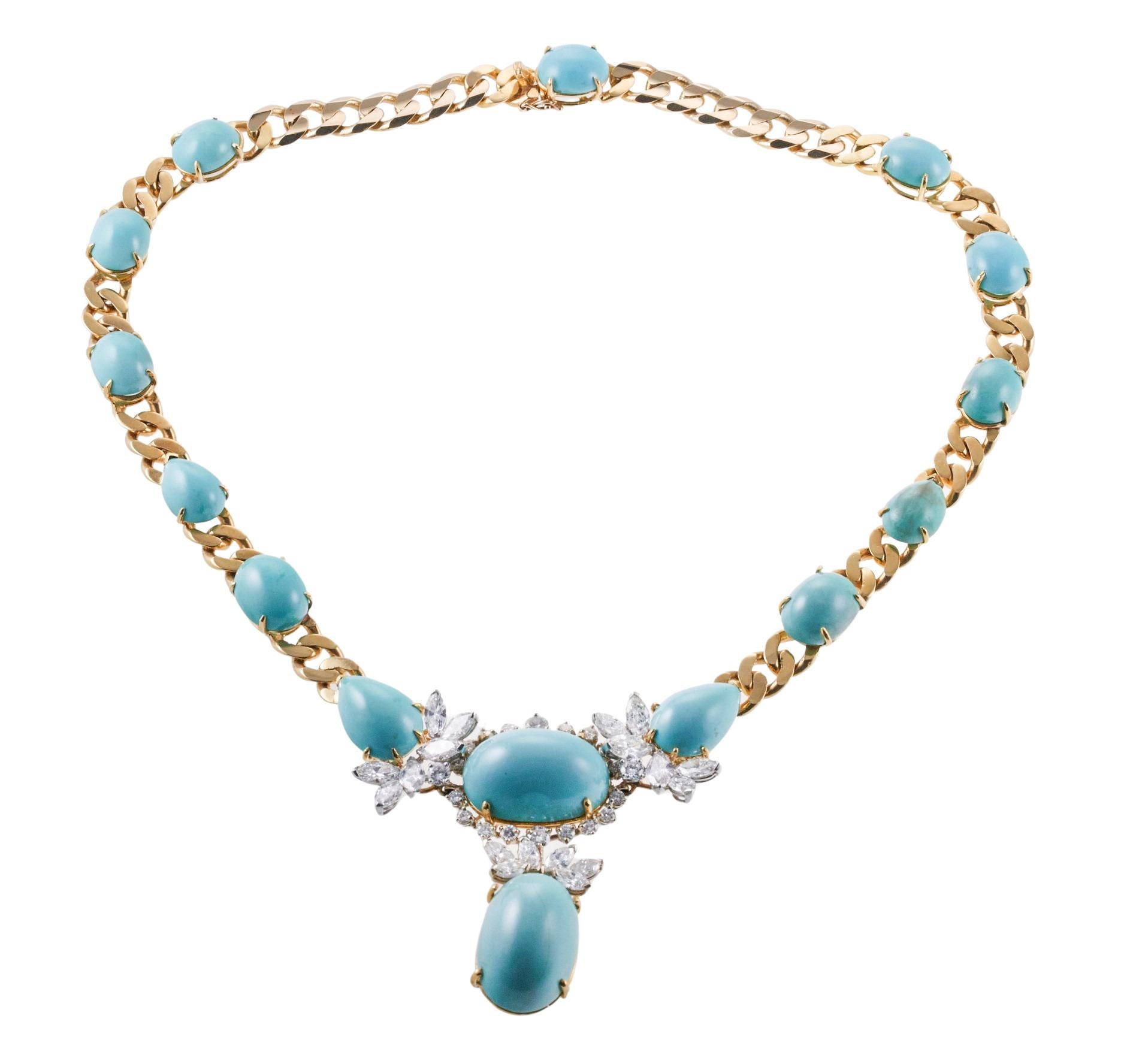 Impressive Diamond Turquoise Gold 1980s Necklace For Sale