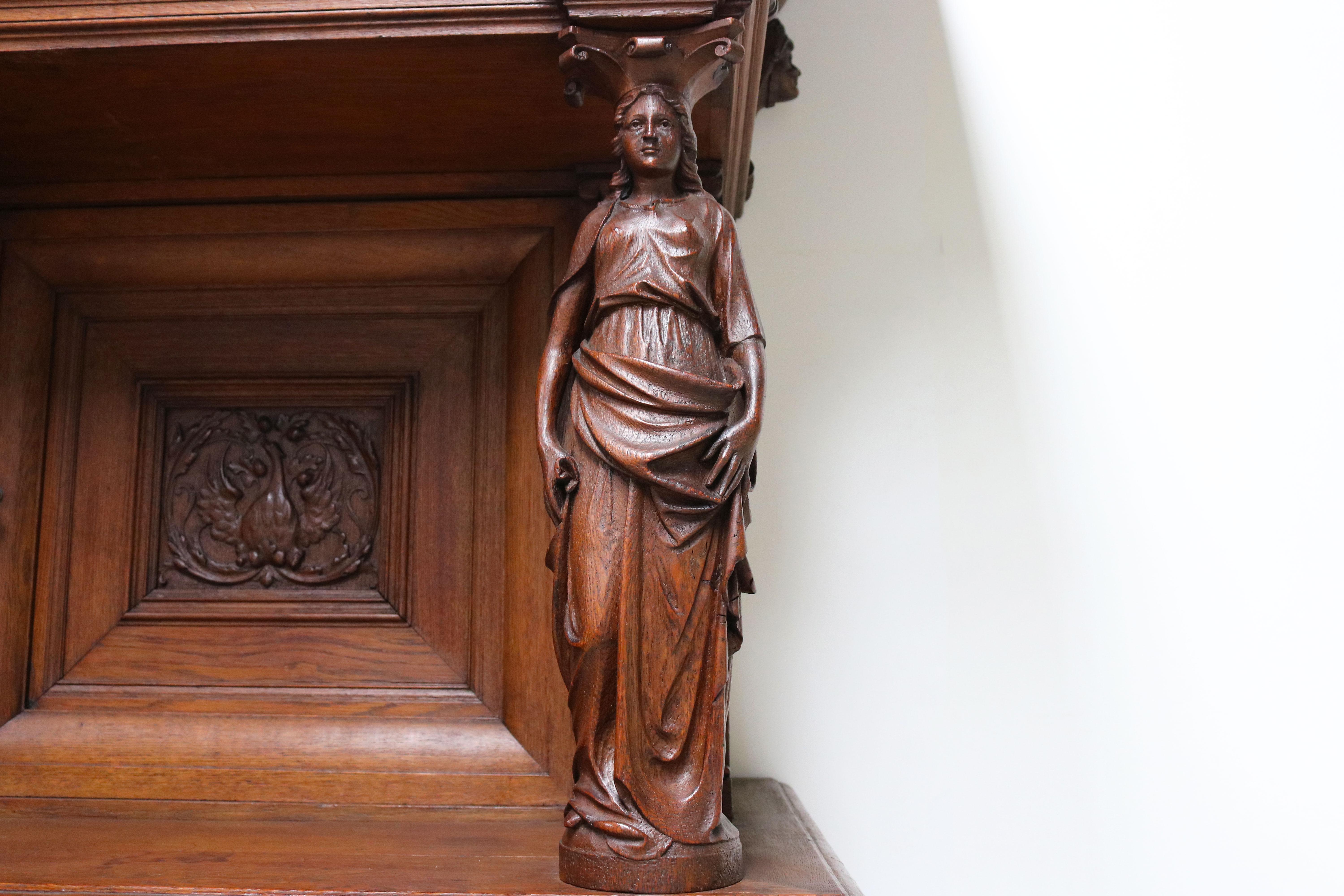 Impressive Dutch Renaissance Revival 19th Century Cabinet Carved Angels & Lions For Sale 5