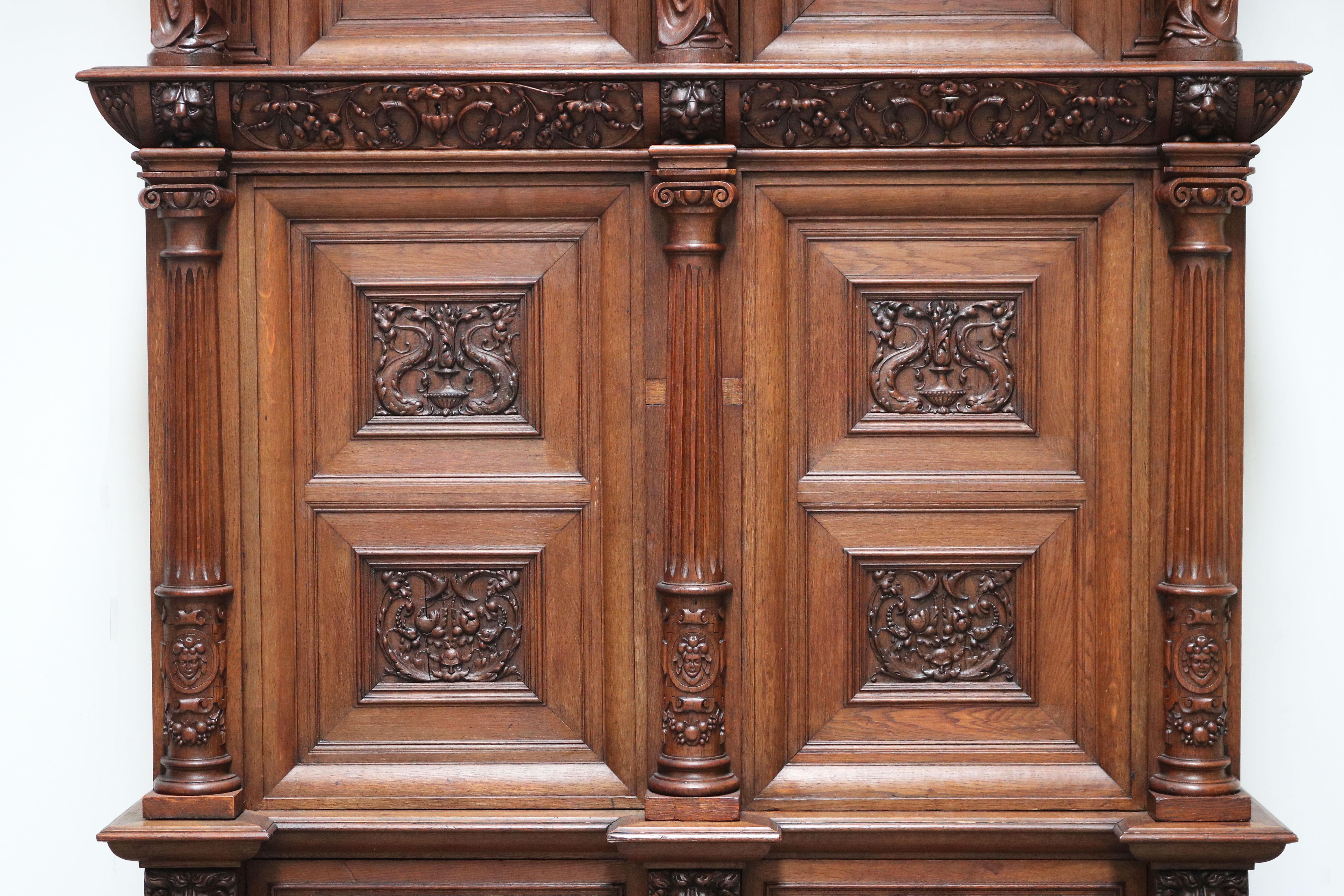 Impressive Dutch Renaissance Revival 19th Century Cabinet Carved Angels & Lions For Sale 6