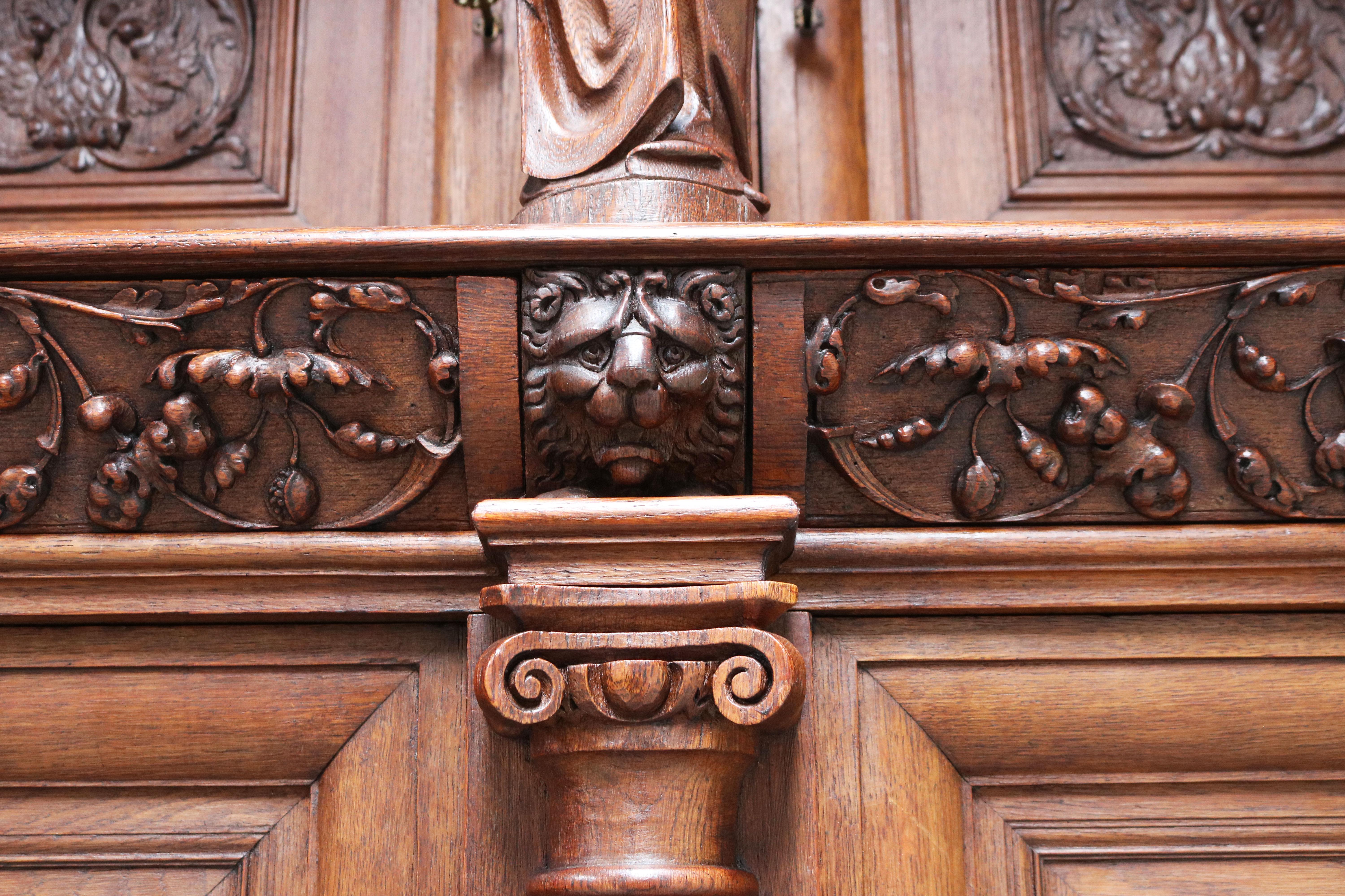 Impressive Dutch Renaissance Revival 19th Century Cabinet Carved Angels & Lions For Sale 7