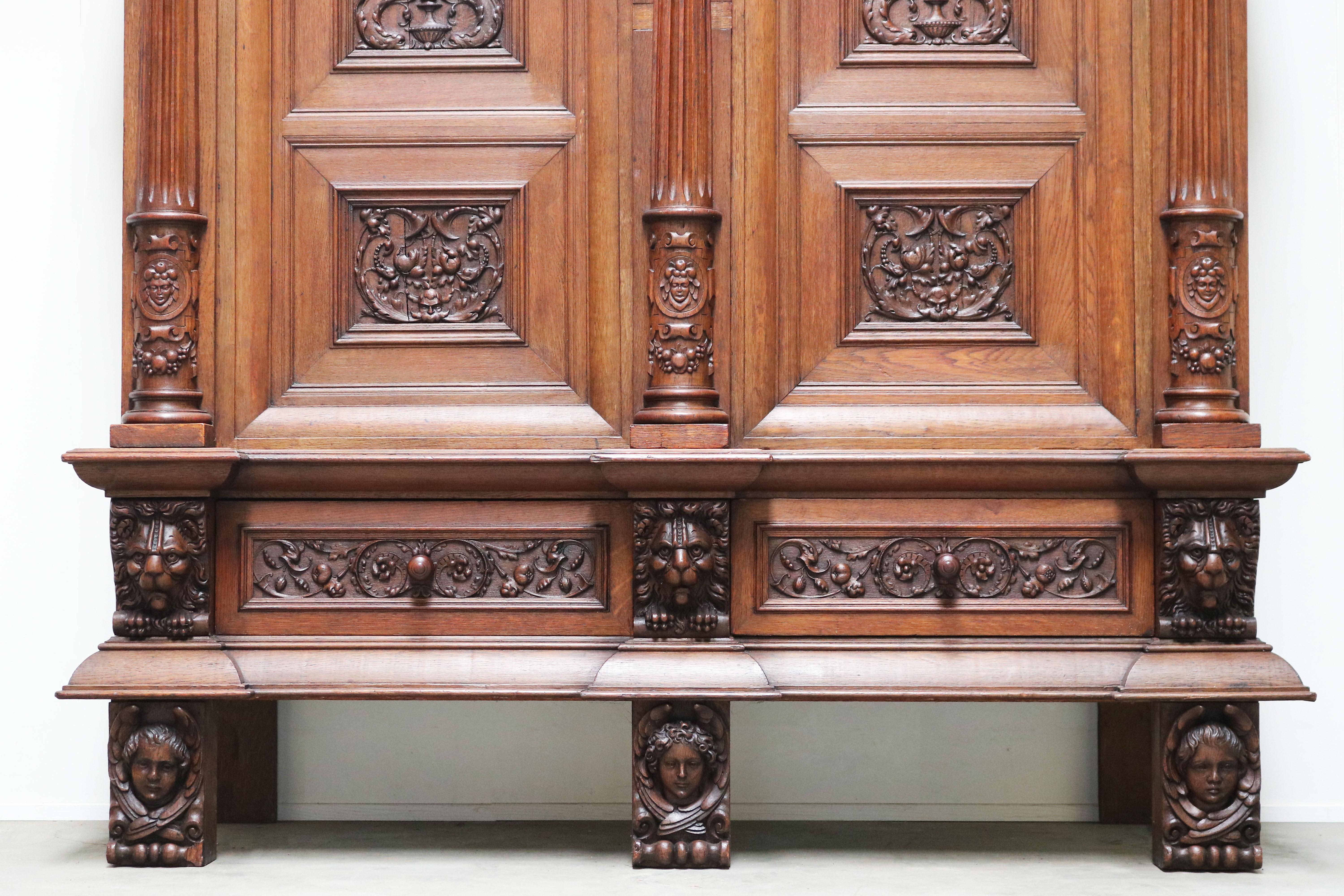 Impressive Dutch Renaissance Revival 19th Century Cabinet Carved Angels & Lions For Sale 8