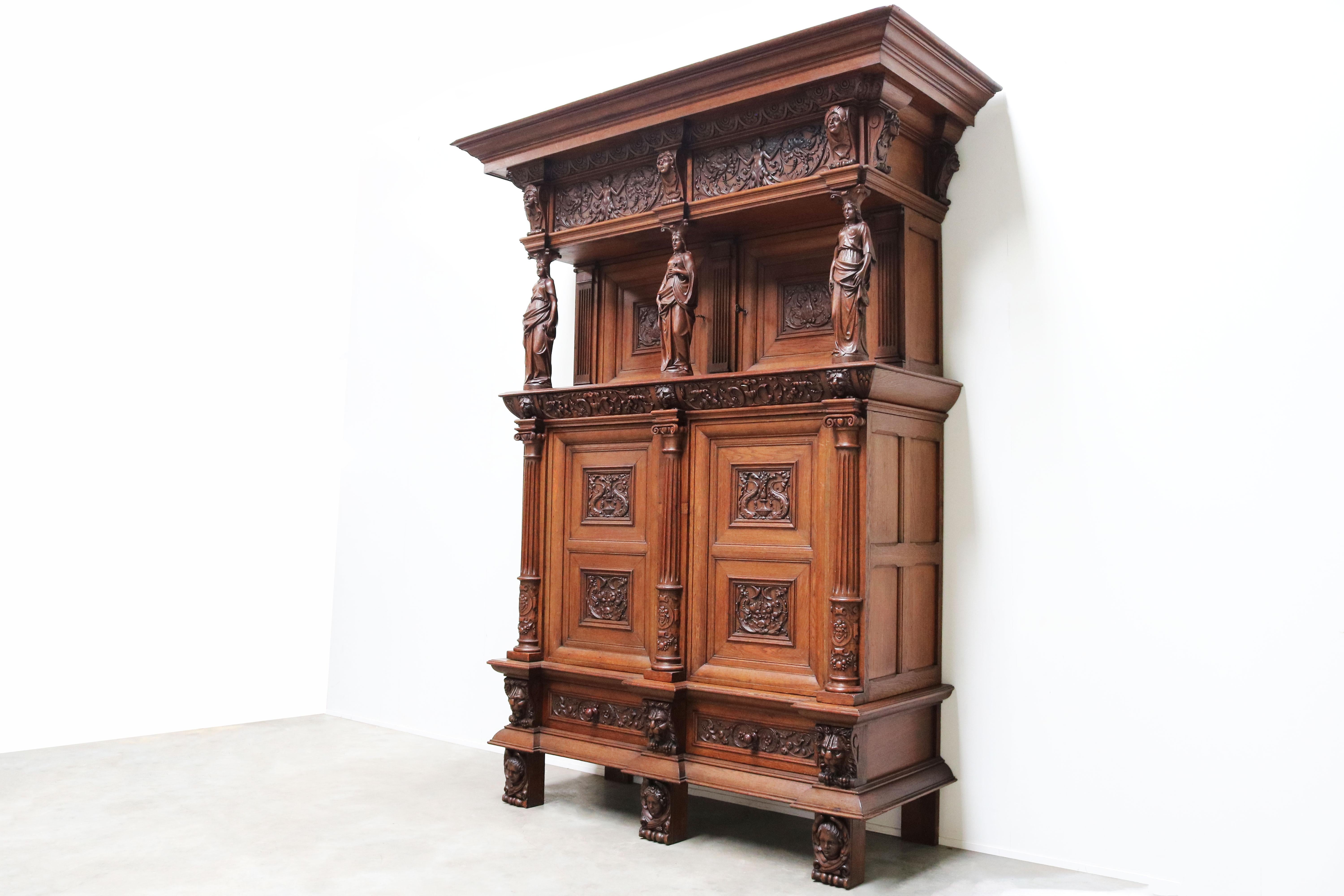 Hand-Carved Impressive Dutch Renaissance Revival 19th Century Cabinet Carved Angels & Lions For Sale