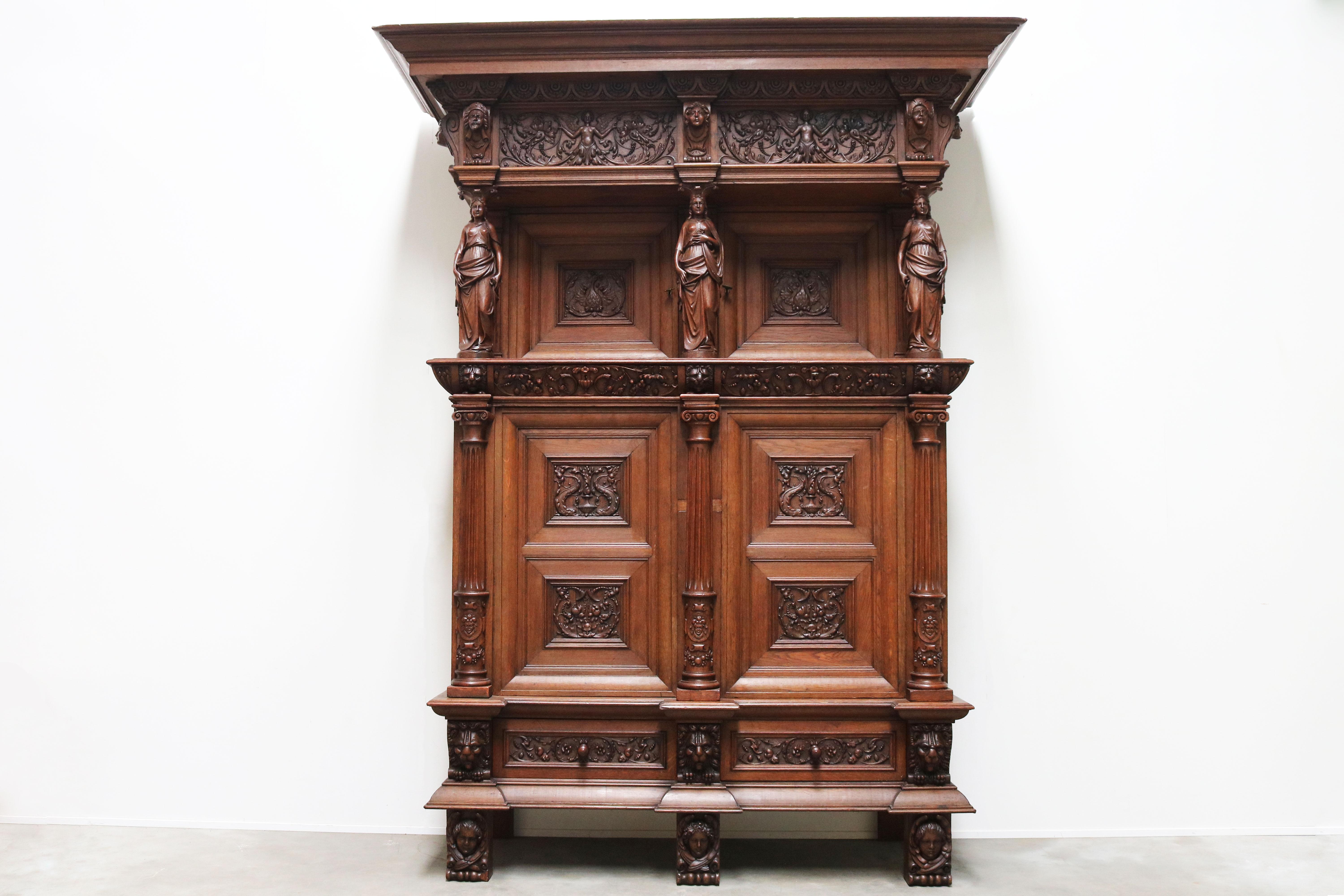 Oak Impressive Dutch Renaissance Revival 19th Century Cabinet Carved Angels & Lions For Sale