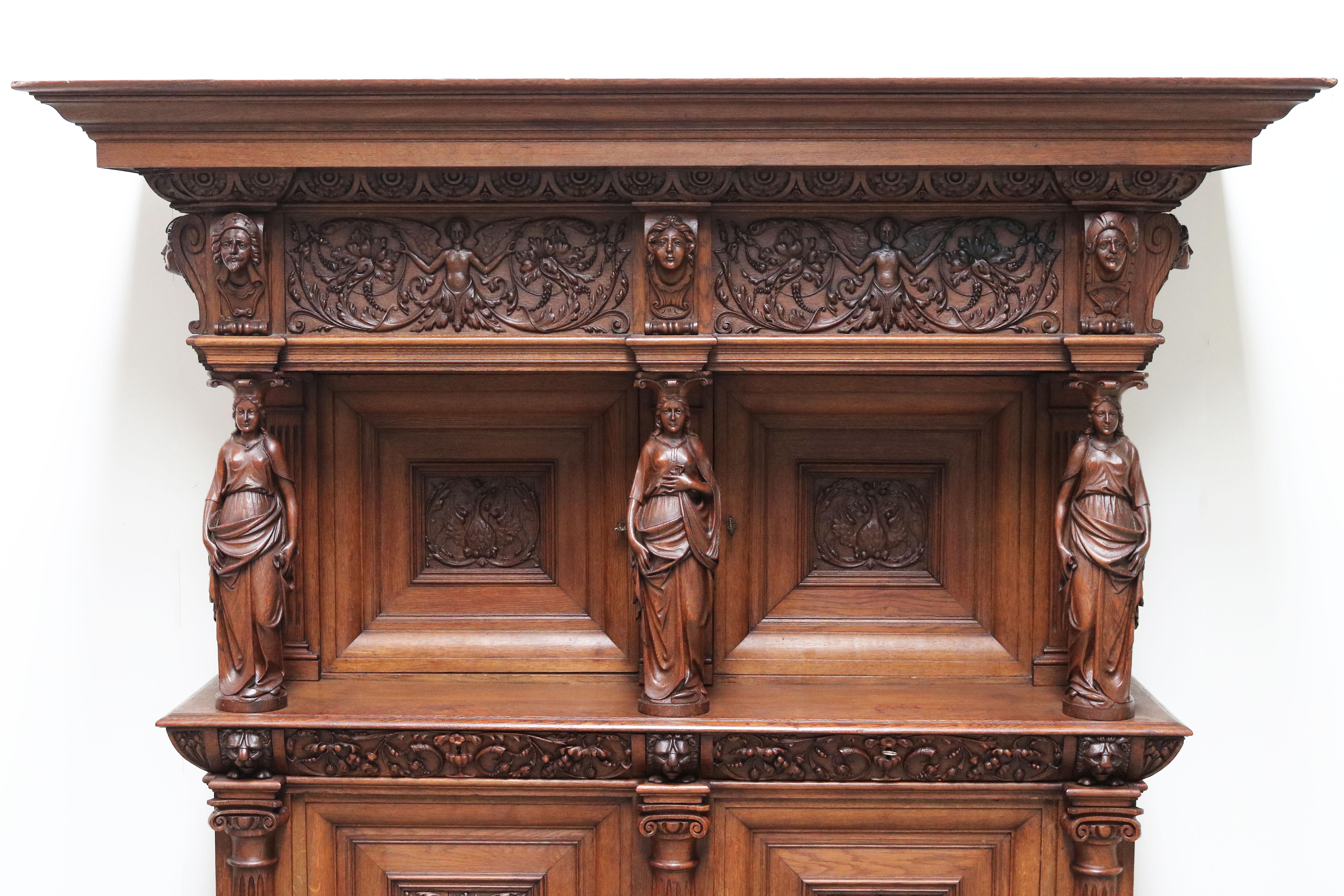 Impressive Dutch Renaissance Revival 19th Century Cabinet Carved Angels & Lions For Sale 1