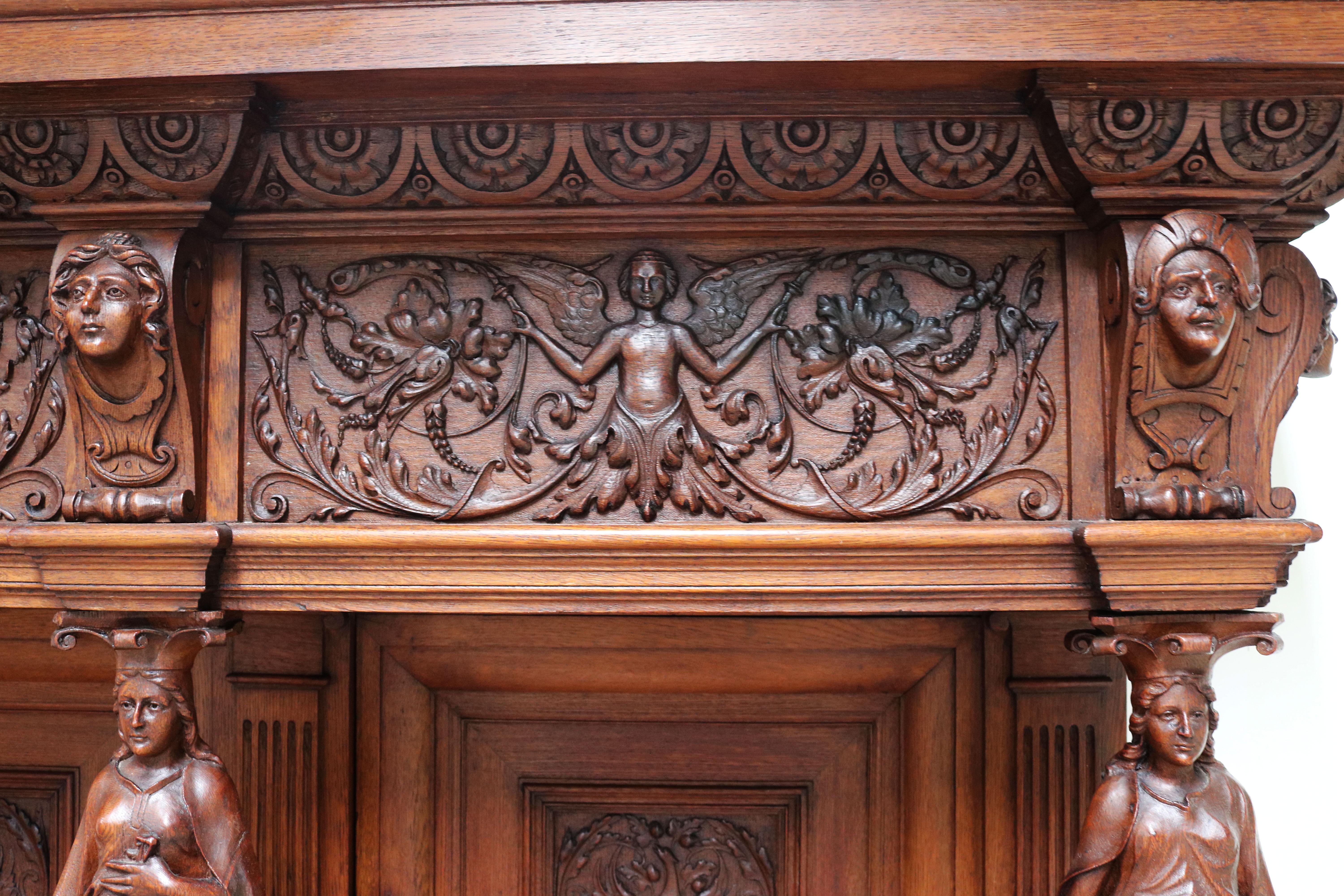 Impressive Dutch Renaissance Revival 19th Century Cabinet Carved Angels & Lions For Sale 2