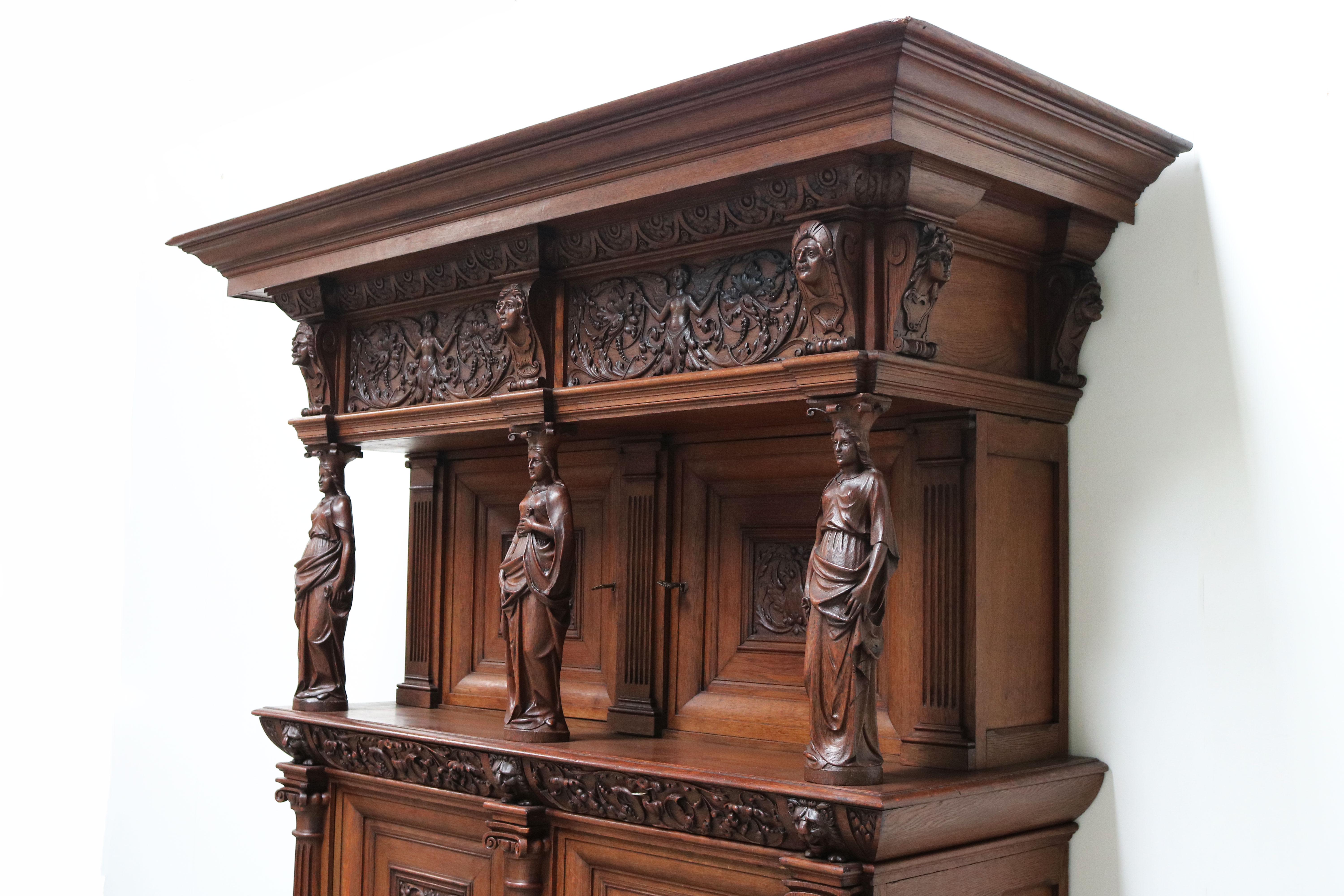 Impressive Dutch Renaissance Revival 19th Century Cabinet Carved Angels & Lions For Sale 4