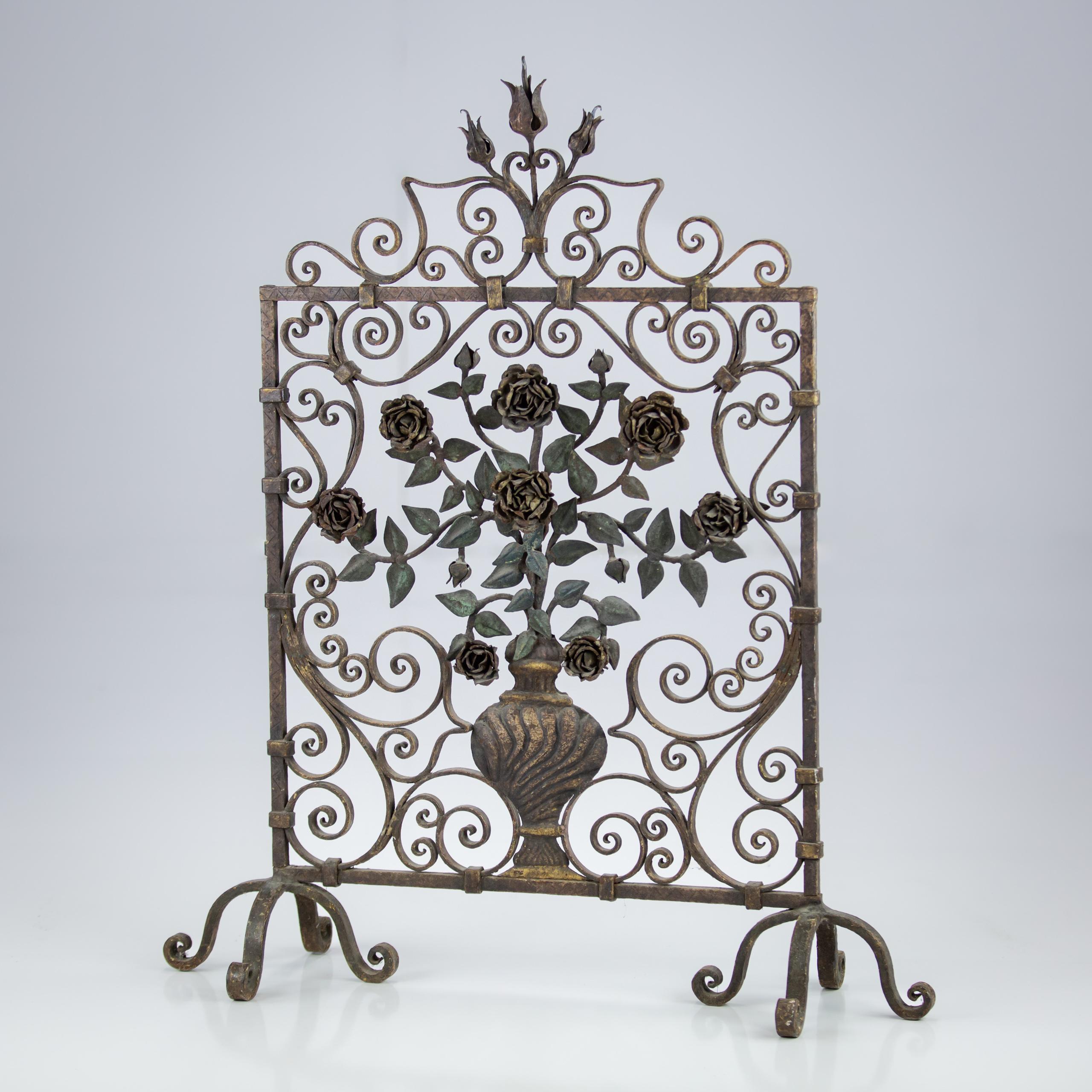 Smart Iron & Tole Firescreen. Urn of cascading flowers. Heavy and Robust remnant painted finish. France Circa 1930.