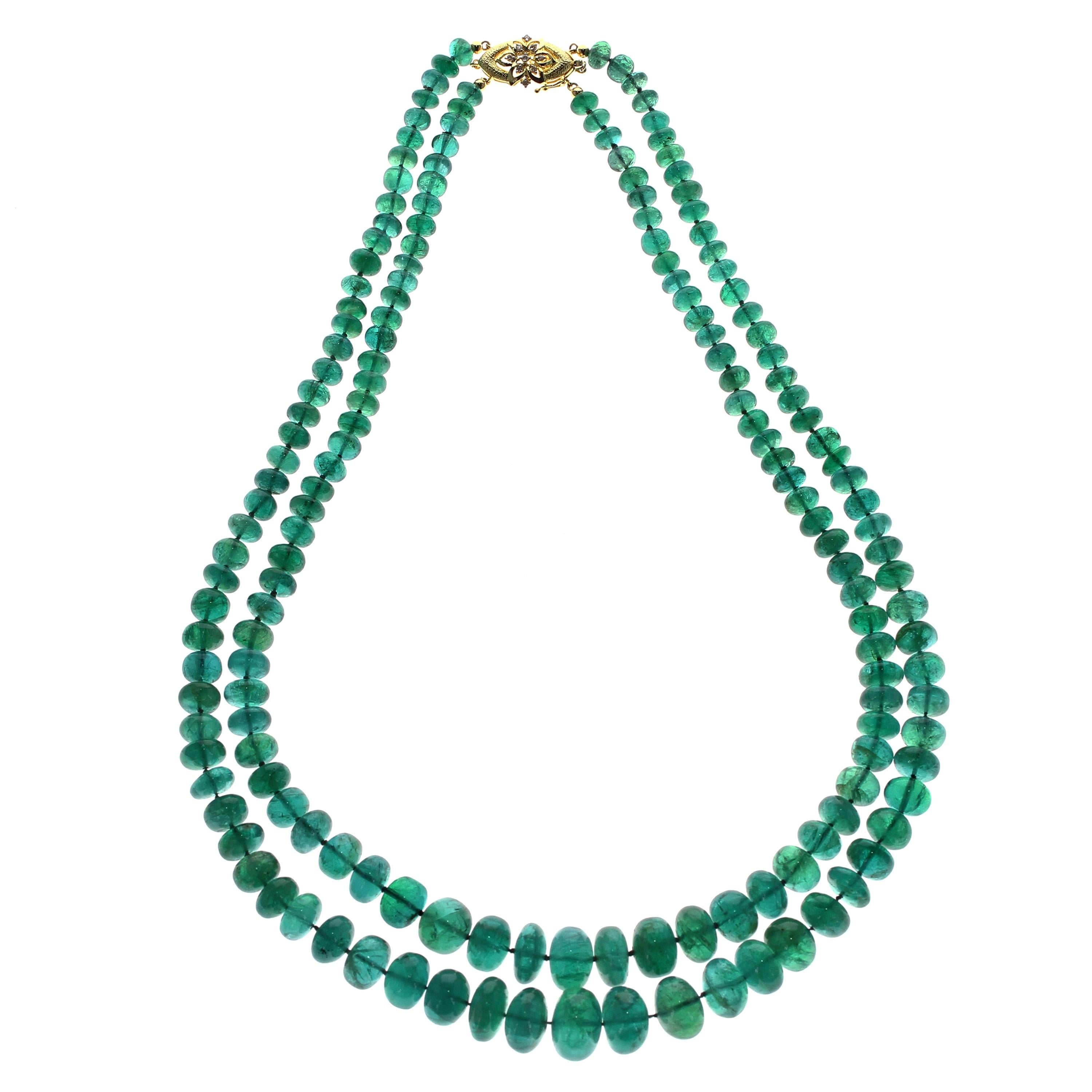 Impressive Emerald Bead Yellow Gold Necklace For Sale
