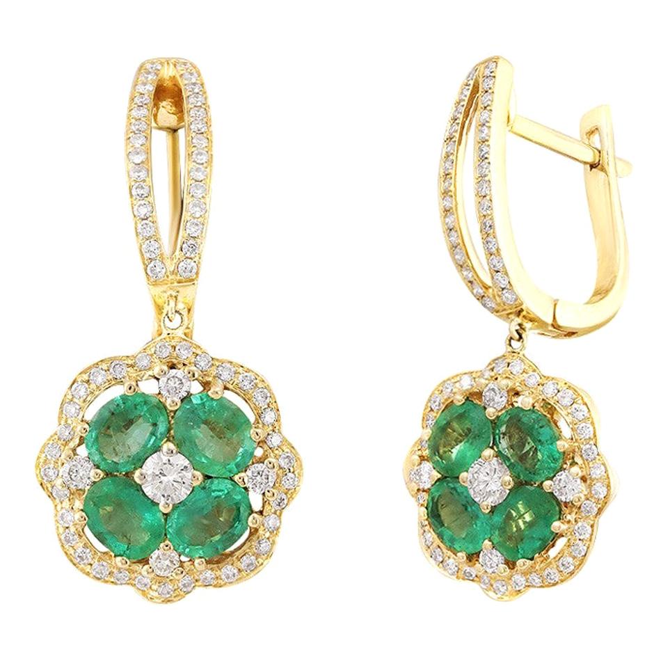 Impressive Emerald Diamond Yellow Gold Earrings For Sale
