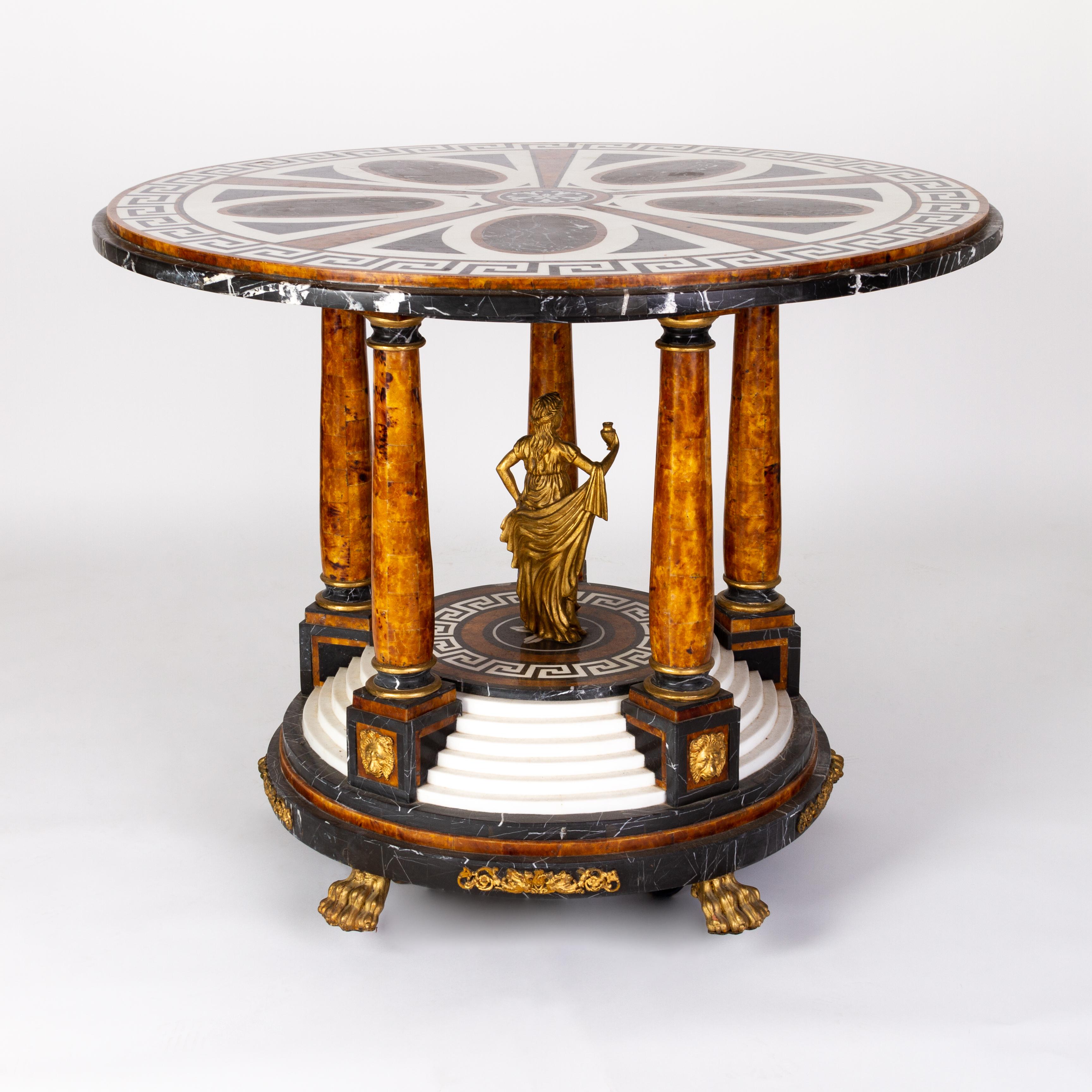 Inlay Impressive Empire Italian Pietra Dura Ormolu Exotic Marble Grecian Style Table  For Sale