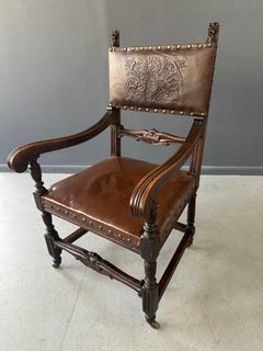Impressive English 19th Century Oak Carved Armchair With Tooled Leather