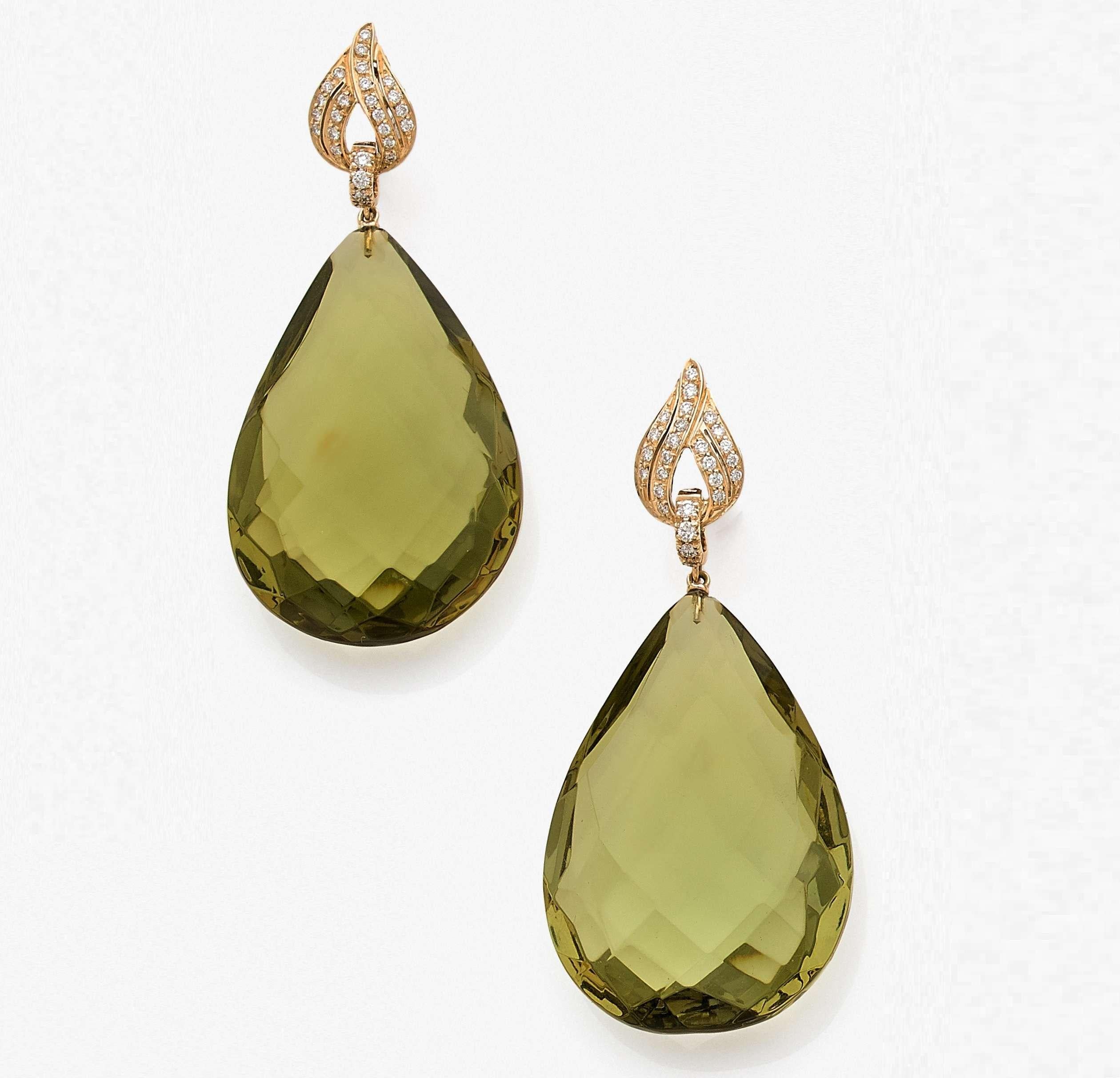 Women's Impressive Faceted Green Amber Diamond and Gold Drop Earrings by Michael Kanners