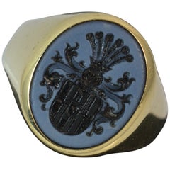 Impressionnant Family Crest Agate Intaglio Seal Signet Ring 14 Carat Gold