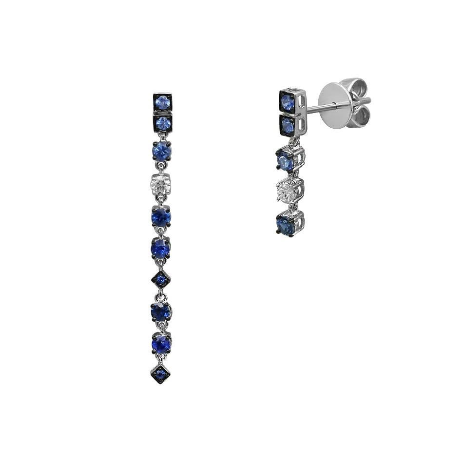 Moderno Impressionanti orecchini pendenti in oro bianco con diamante e zaffiro blu fantasia in vendita