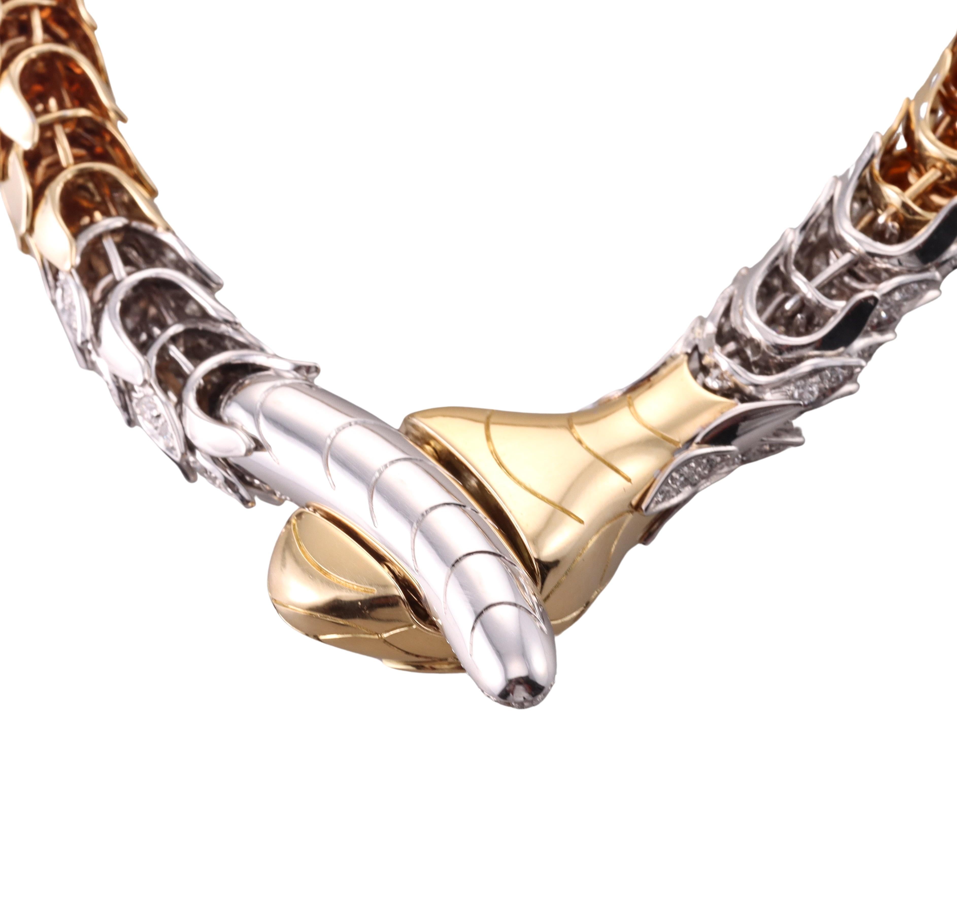 Impressive Faraone Fancy Pear Diamond Gold Platinum Snake Serpent Necklace For Sale 4