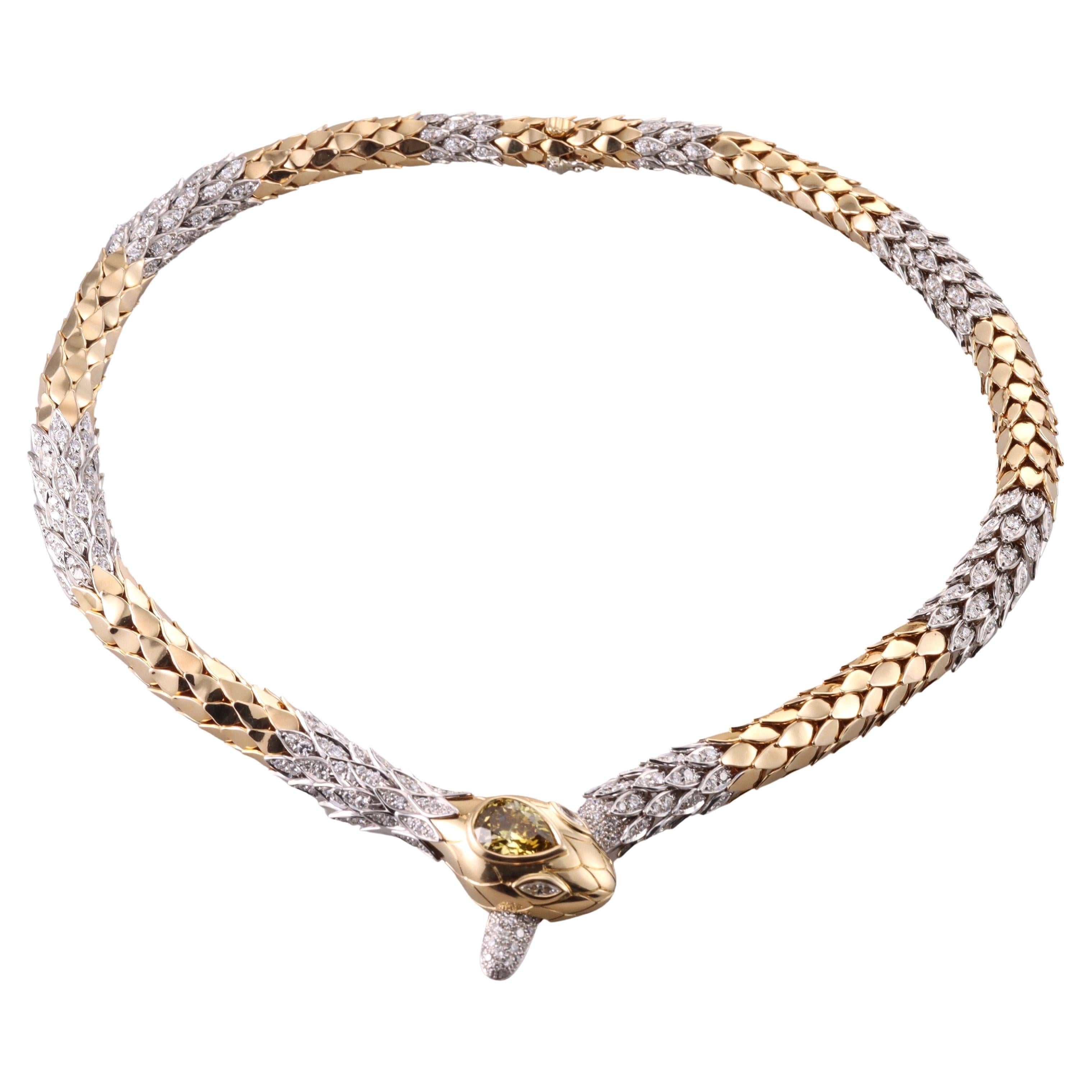 Impressive Faraone Fancy Pear Diamond Gold Platinum Snake Serpent Necklace For Sale