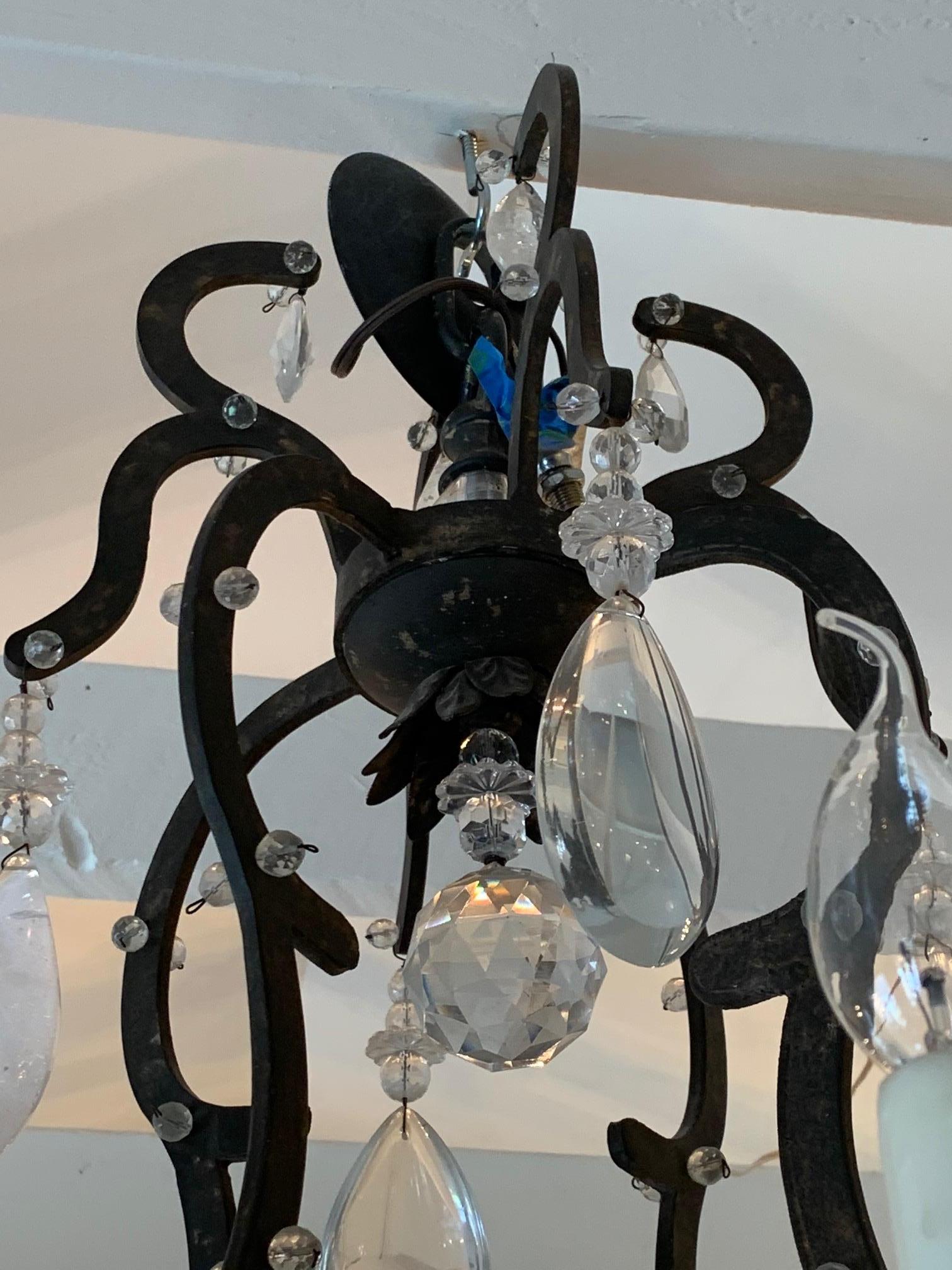 Impressive Farmhouse Chic Large Wrought Iron and Crystal Adorned Chandelier For Sale 4