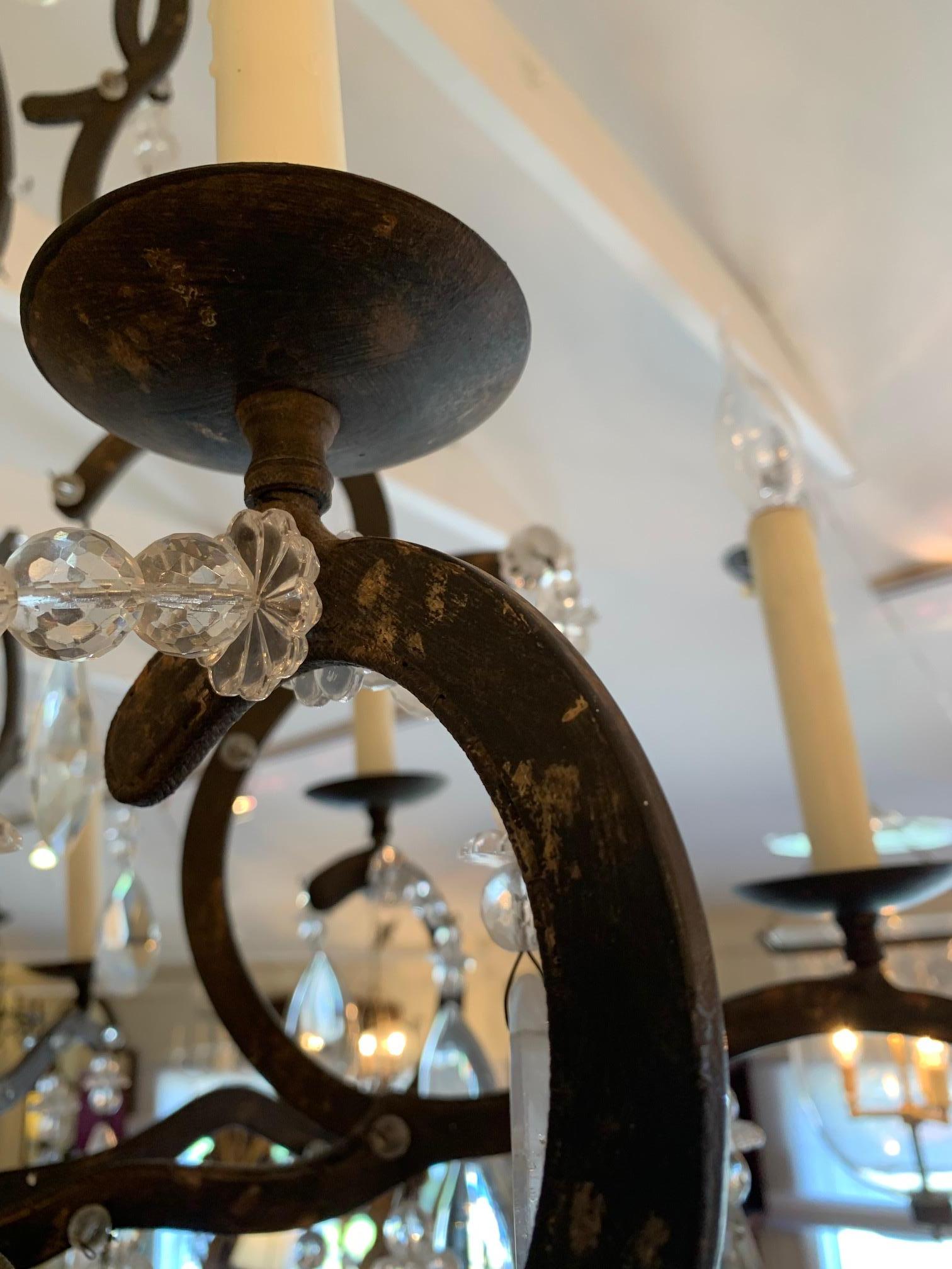 American Impressive Farmhouse Chic Large Wrought Iron and Crystal Adorned Chandelier For Sale