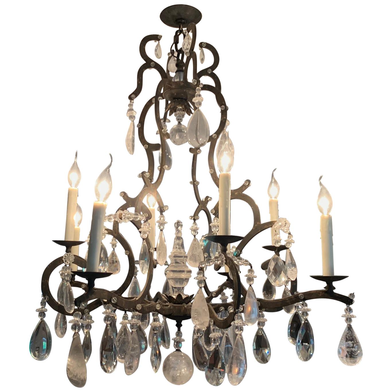 Impressive Farmhouse Chic Large Wrought Iron and Crystal Adorned Chandelier