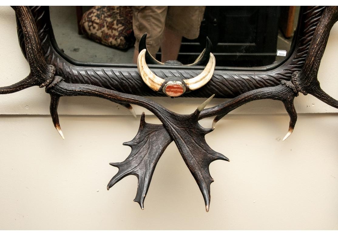 Impressive Figural Stag Head Mirror Garnished with Faux Antlers & Tusks For Sale 1