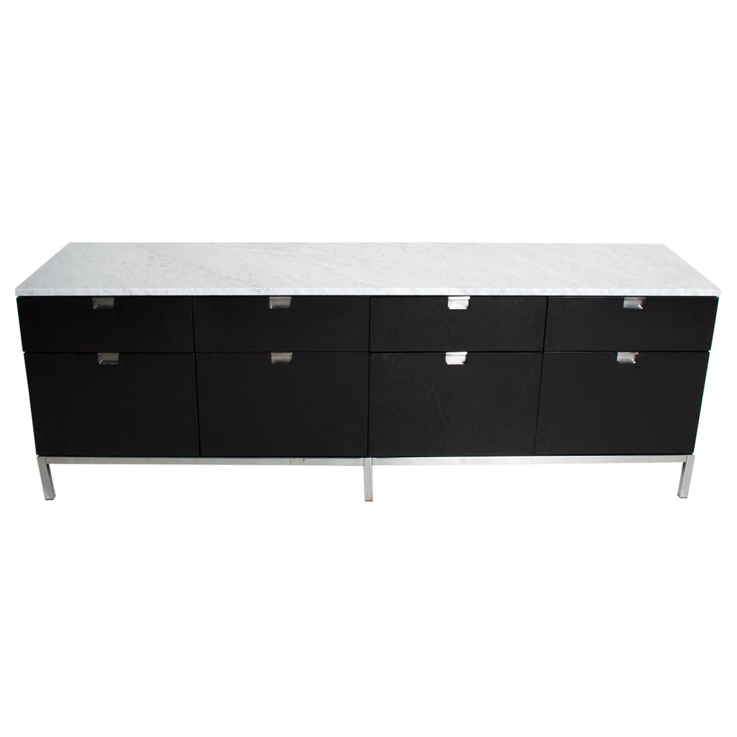 Fabulous Florence Knoll Black Oak Credenza Cabinet in White Carrera Marble 1960s