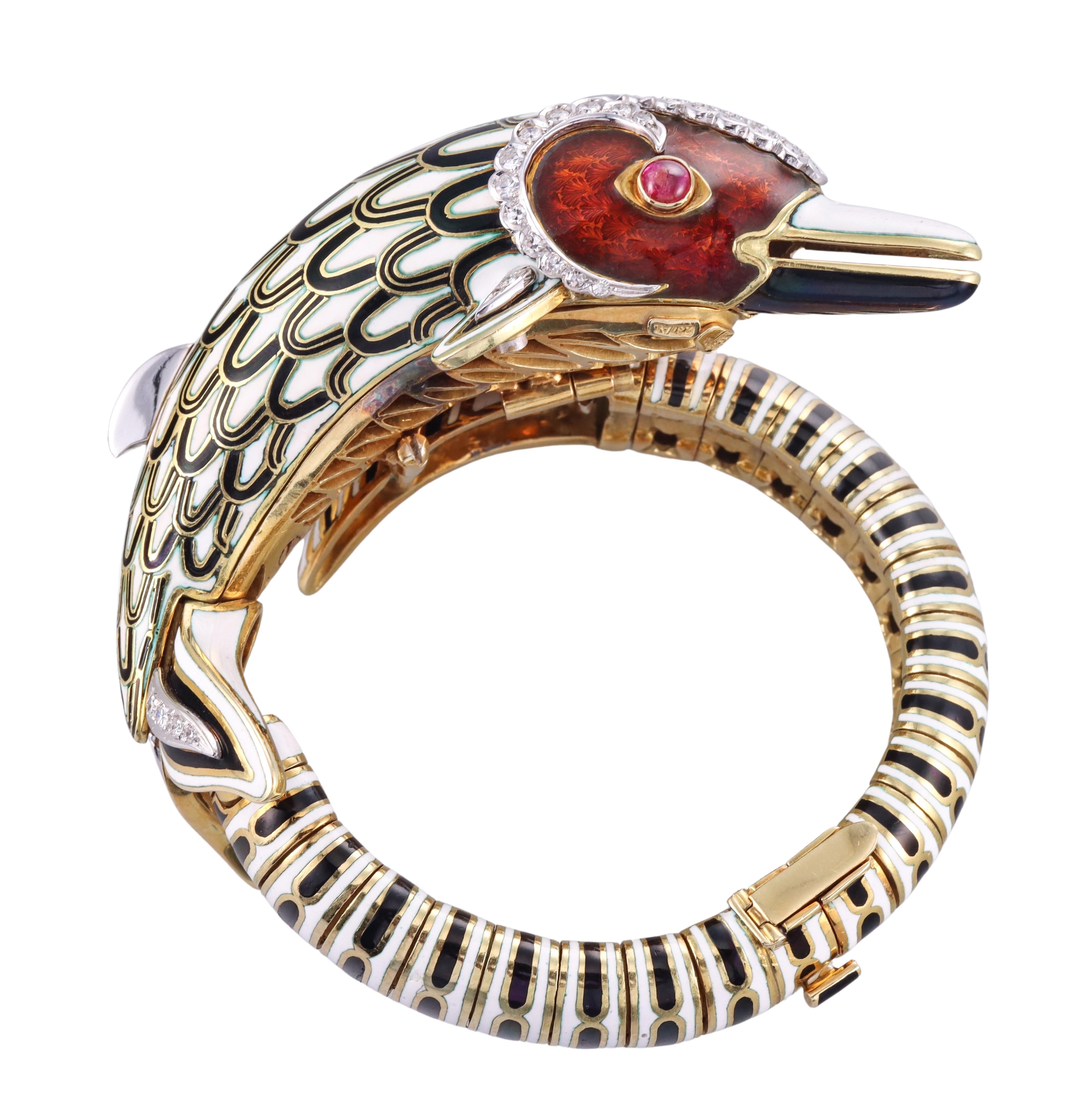 Beeindruckendes Delphin-Armband von Frascarolo, Emaille, Diamant, Rubin, Gold (Rundschliff) im Angebot