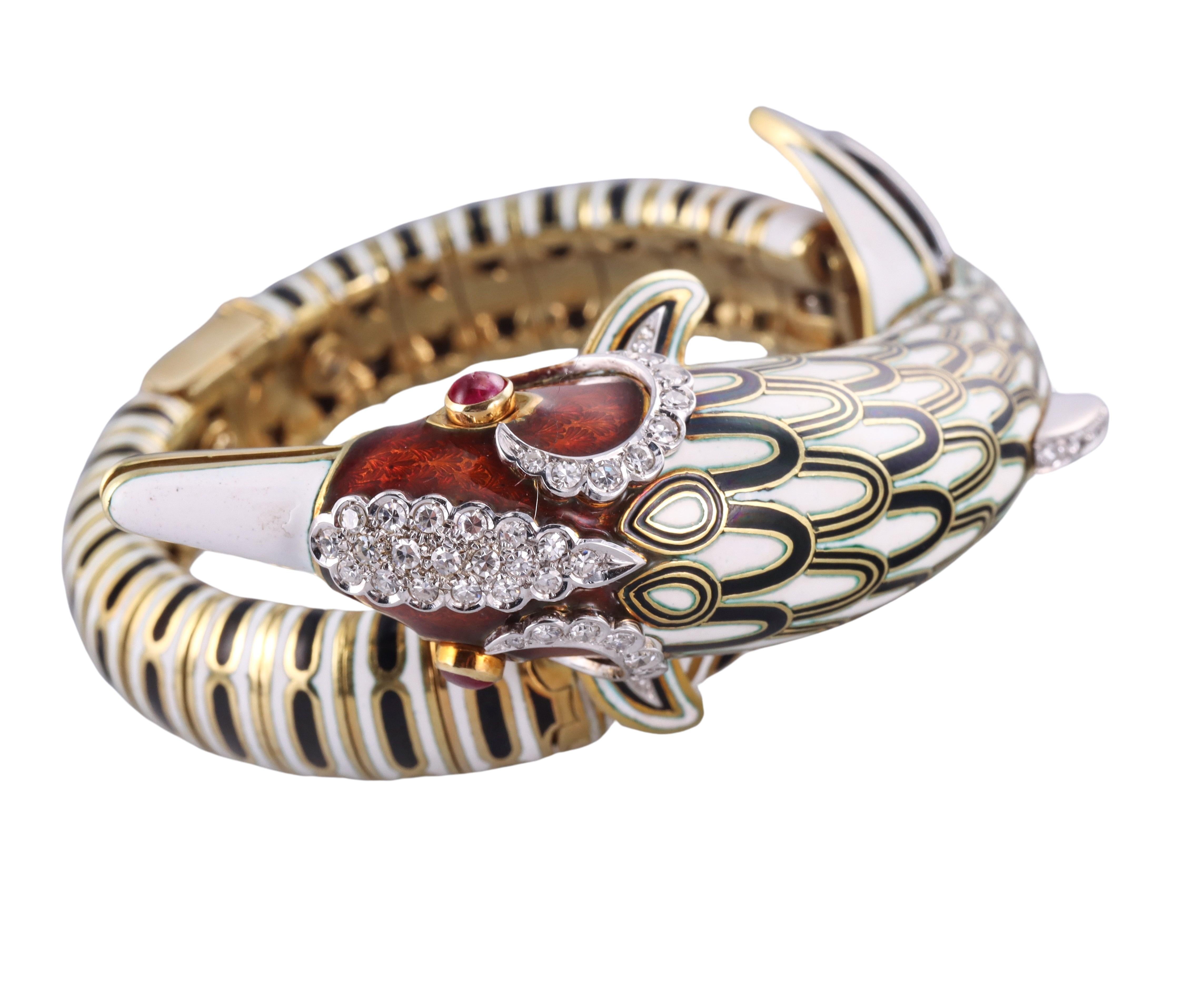Impressive Frascarolo Enamel Diamond Ruby Gold Dolphin Bracelet In Excellent Condition For Sale In New York, NY