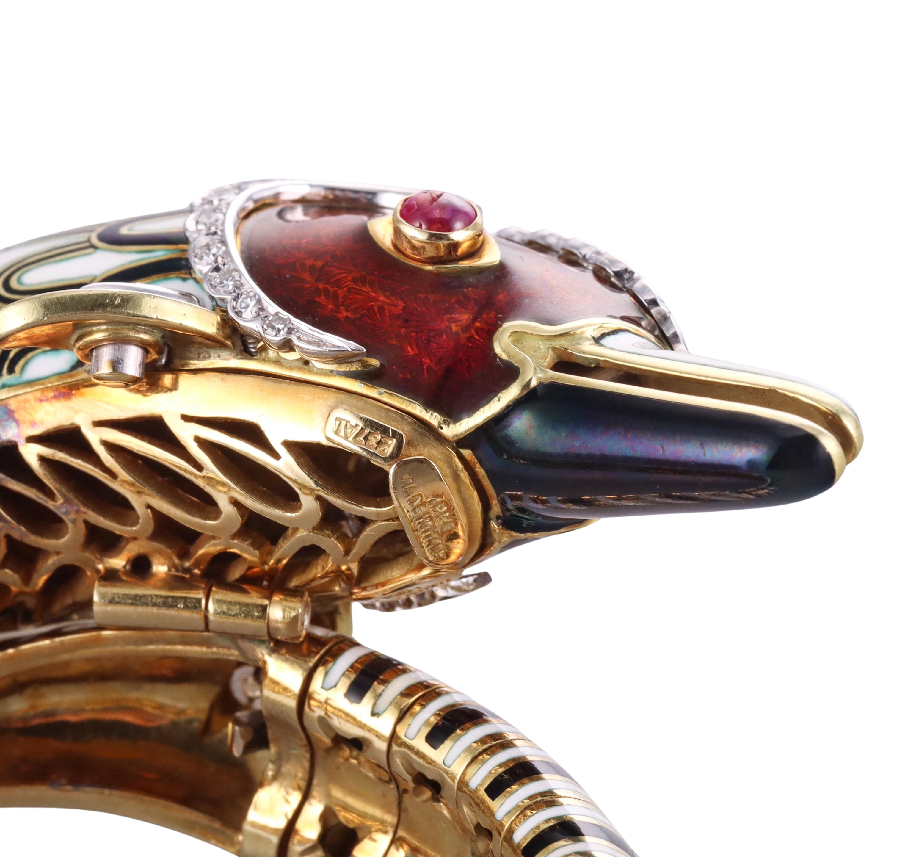 Women's Impressive Frascarolo Enamel Diamond Ruby Gold Dolphin Bracelet For Sale
