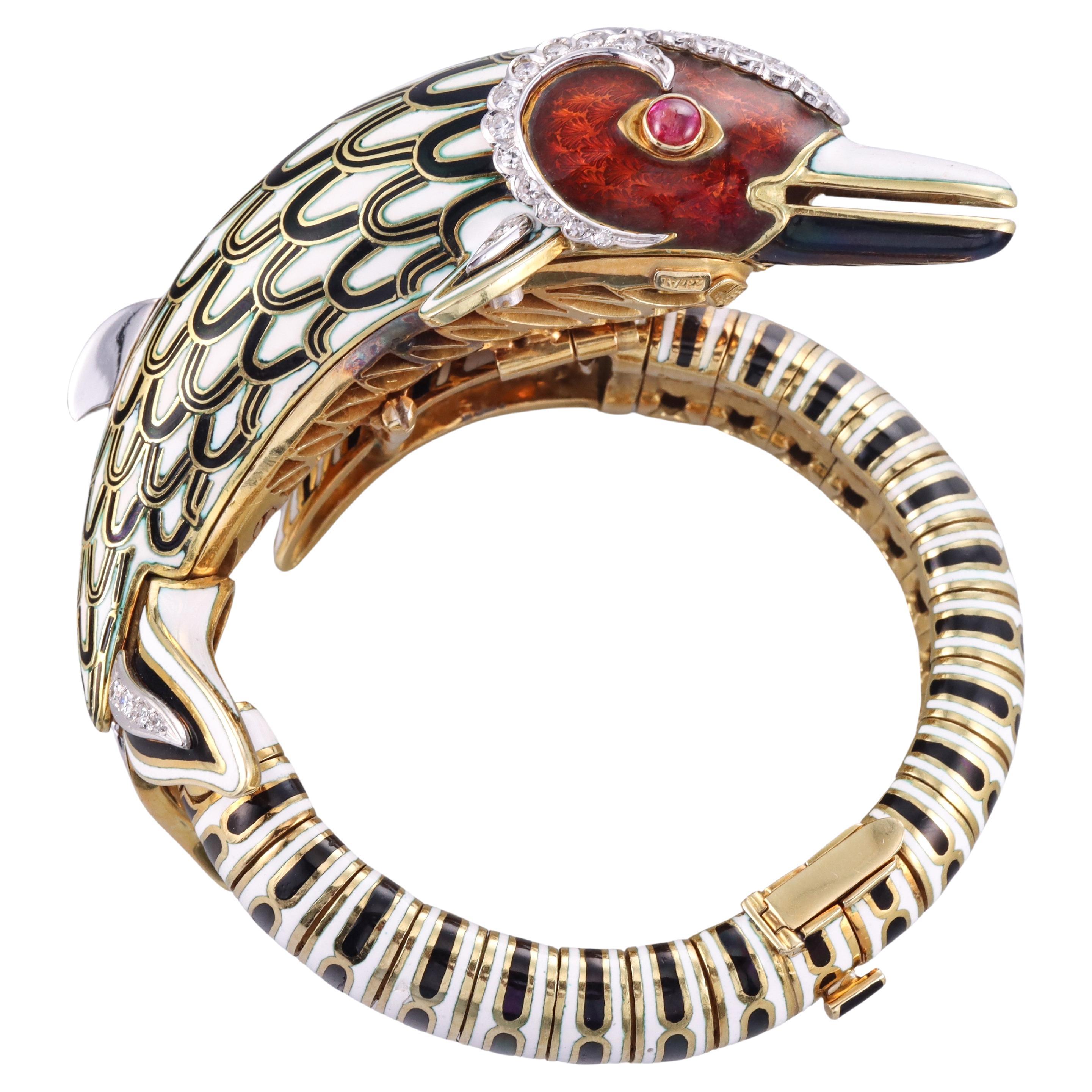 Frascarolo Bracelet impressionnant de dauphins en or, émail, diamants et rubis