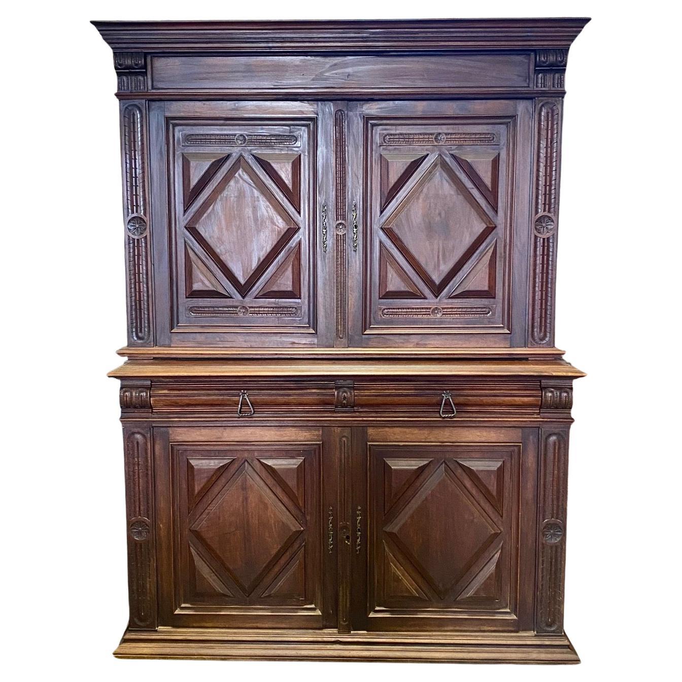 Impressive French 19th Century Walnut Buffet a' Deux Corps Cabinet Sideboard