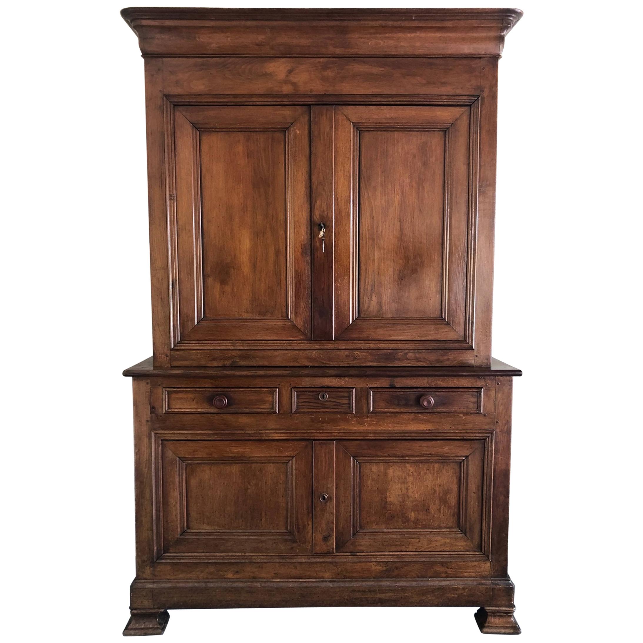Impressive French 19th Century Walnut Deux Corps Buffet Cabinet