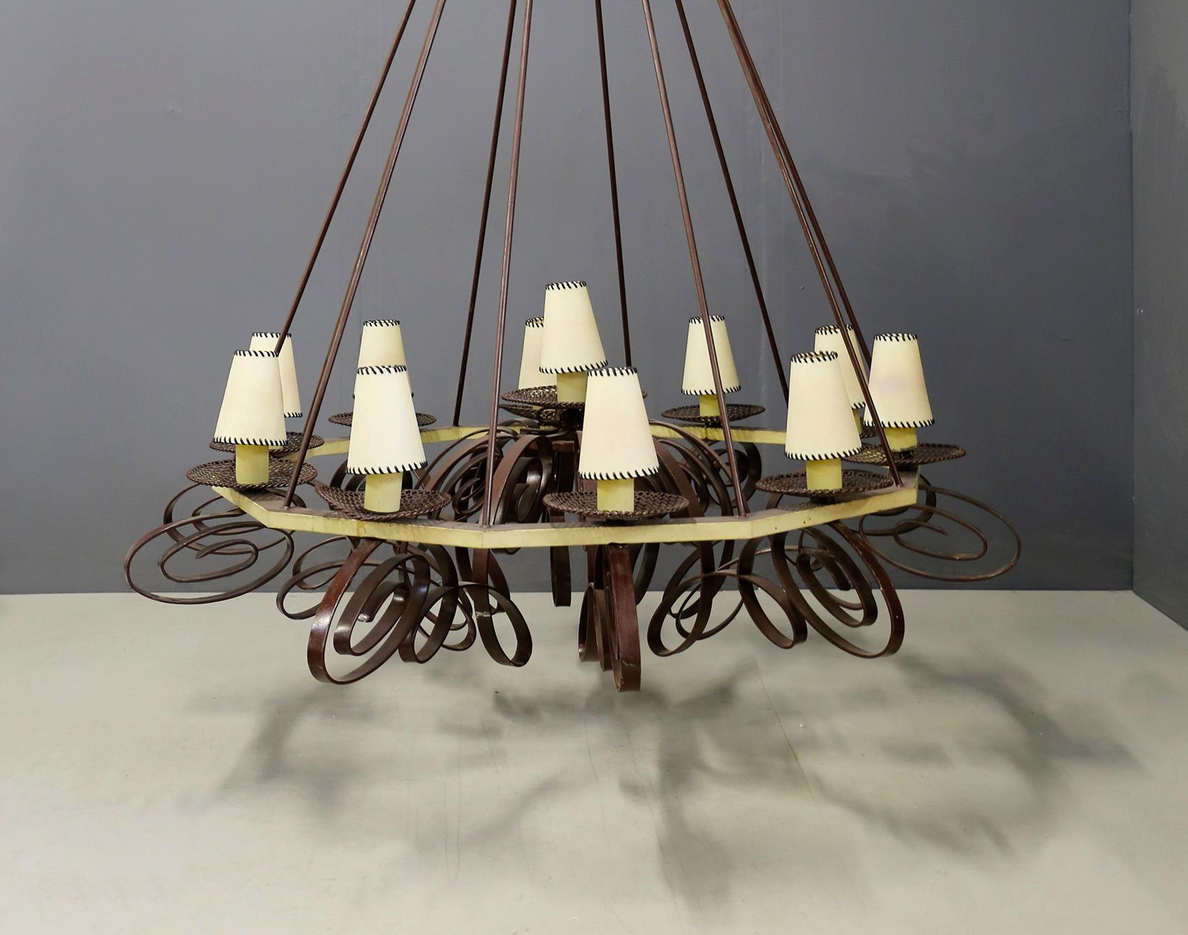 Impressive French Art Deco Chandelier in Painted Metal and Fabric For Sale 5