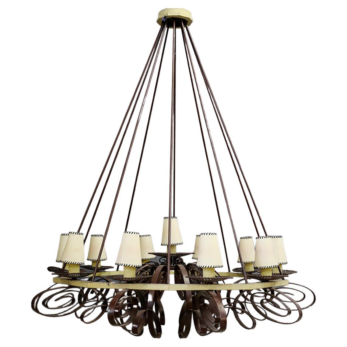 Impressive French Art Deco Chandelier in Painted Metal and Fabric For Sale