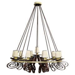 Vintage Impressive French Art Deco Chandelier in Painted Metal and Fabric
