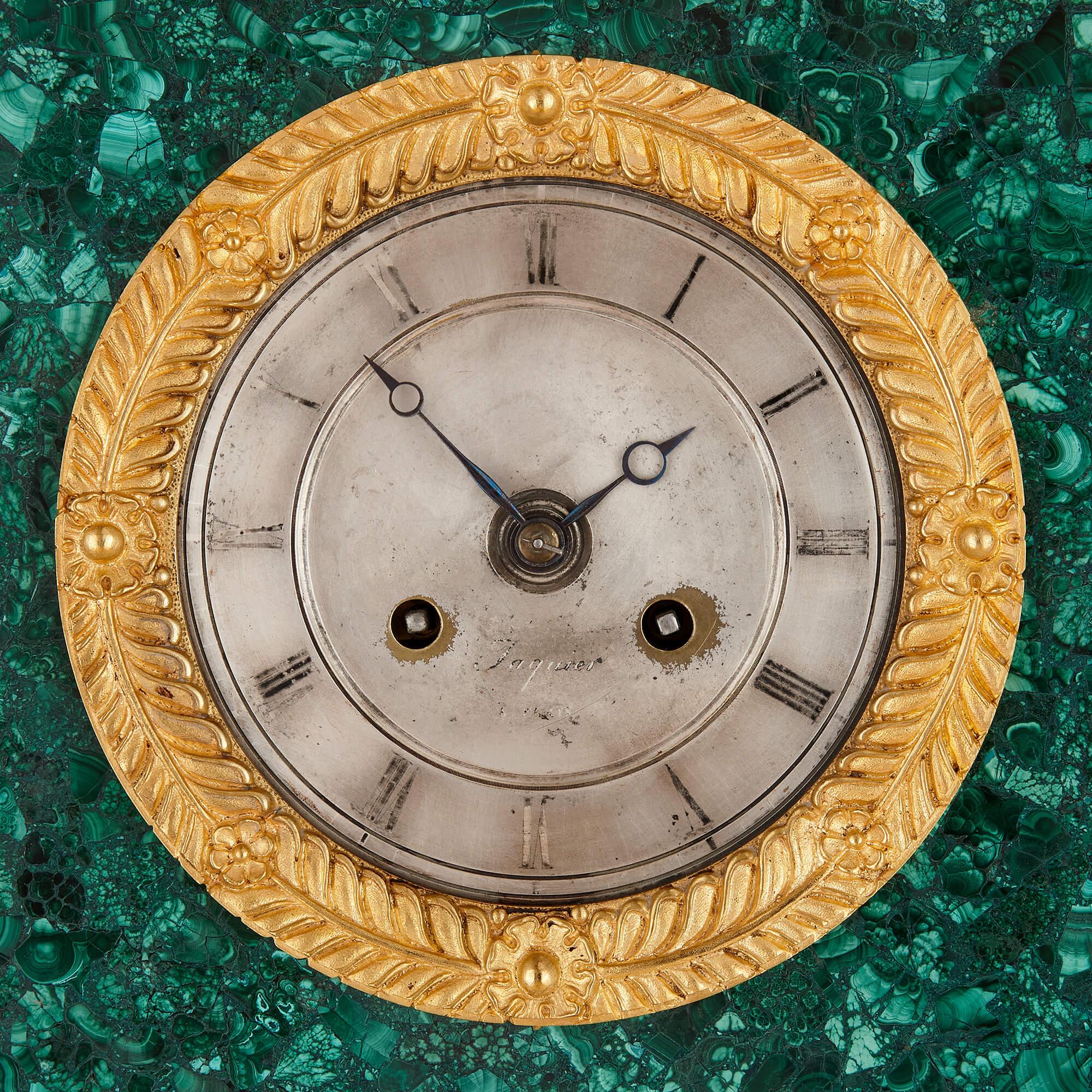 Impressive French Empire Period Ormolu and Malachite Sculptural Mantel Clock In Excellent Condition For Sale In London, GB