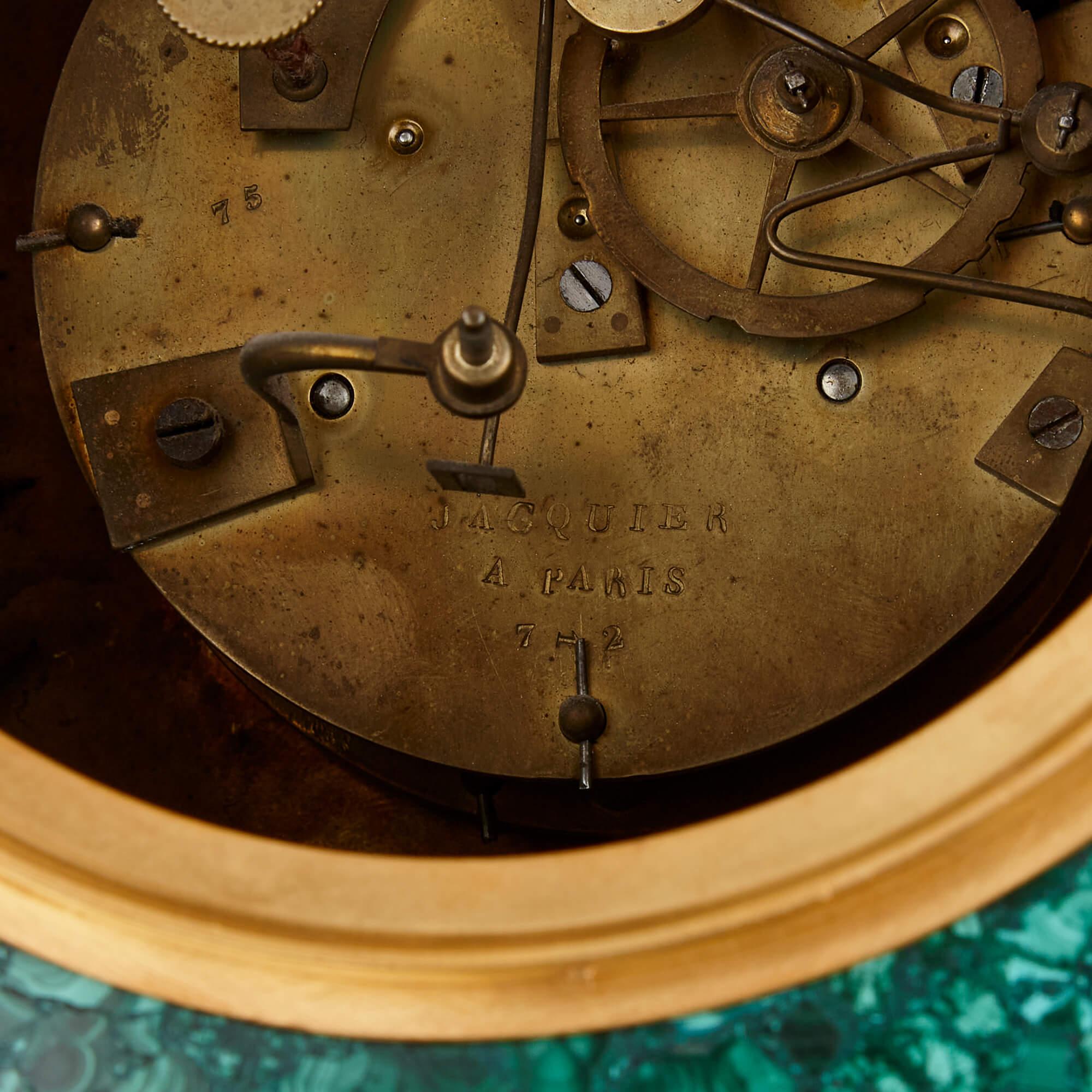 Impressive French Empire Period Ormolu and Malachite Sculptural Mantel Clock For Sale 1