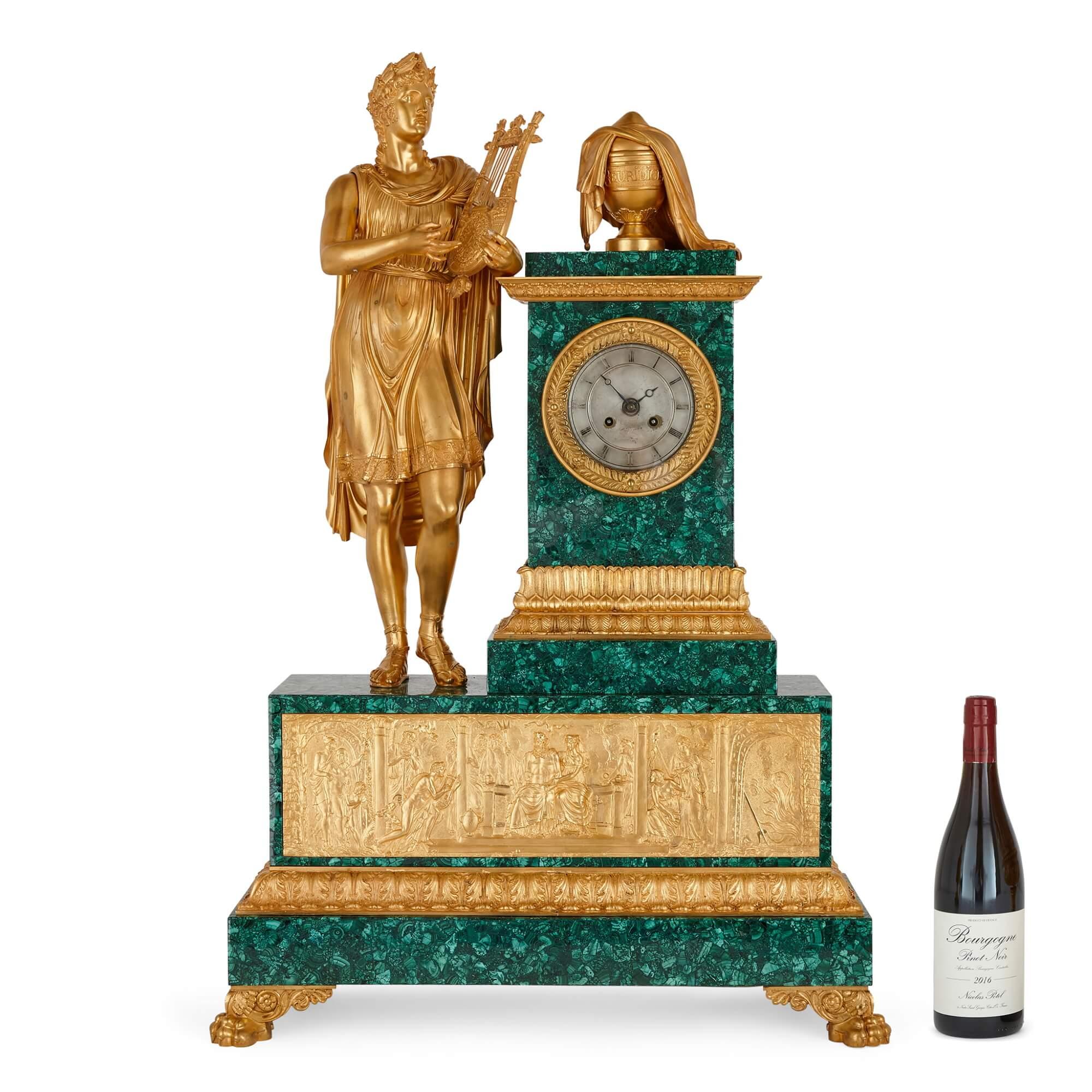 Impressive French Empire Period Ormolu and Malachite Sculptural Mantel Clock For Sale 2