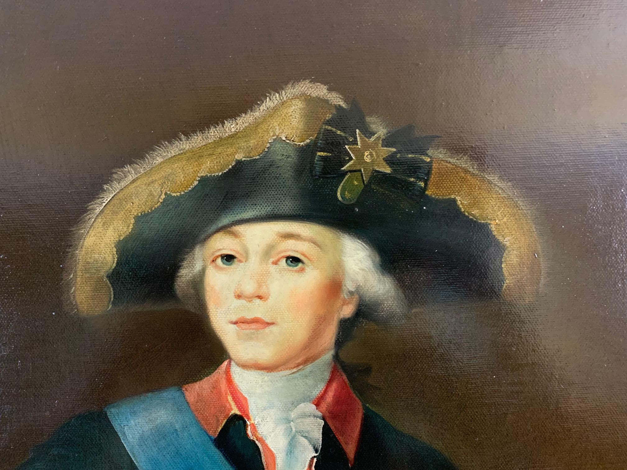 Impressive large portrait by 20th century artist Henry Callan, whose subjects are often period portraits from a former era. This one shows a beautifully uniformed French military officer with a red, white, blue and black color palette.
Signed Henry