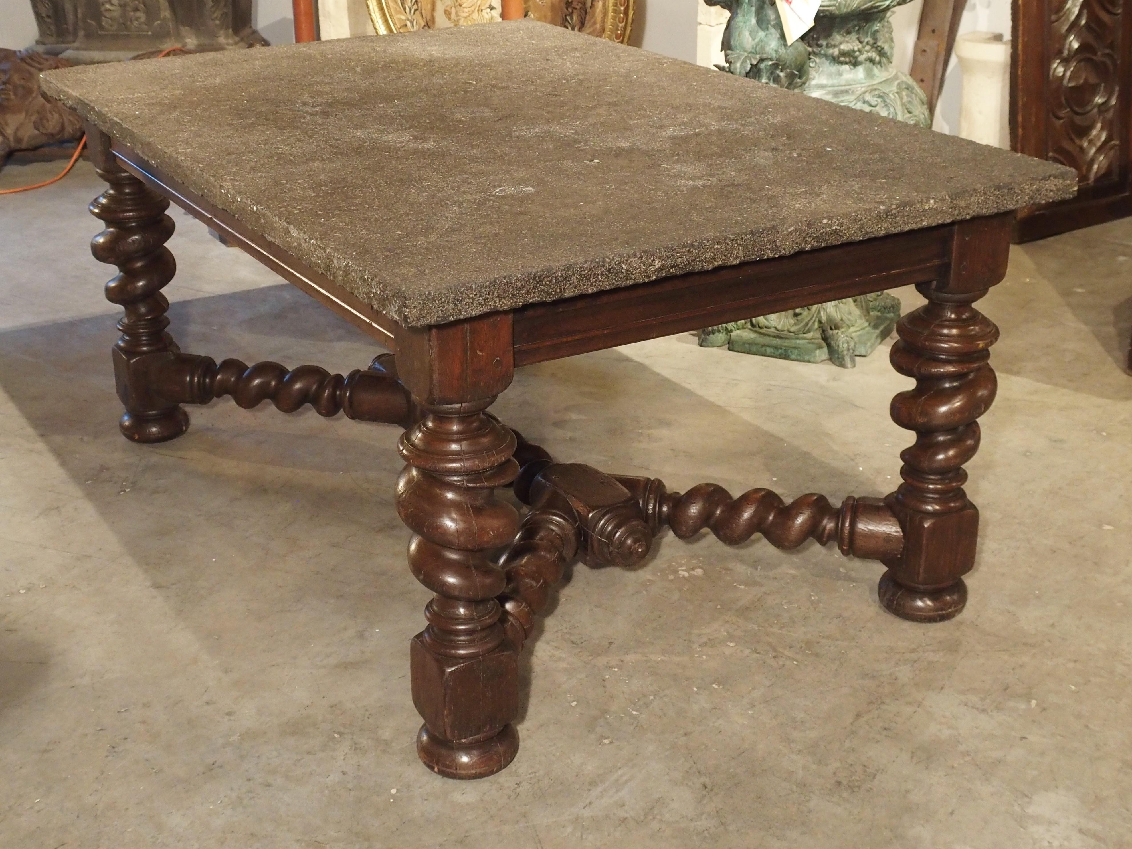 Impressive French Oak Table with Large Turned Legs and Bluestone Top, C. 1850 4