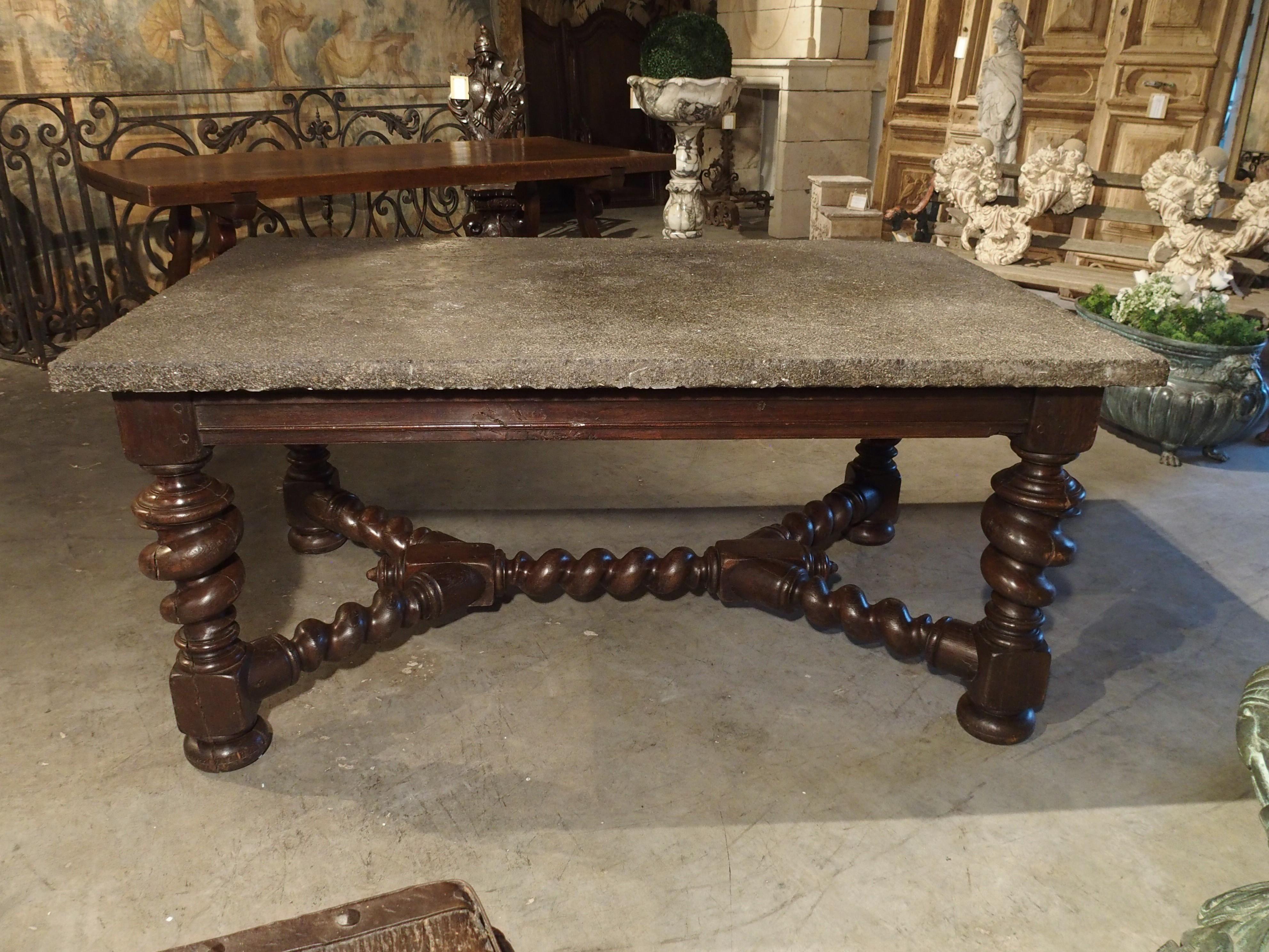 Impressive French Oak Table with Large Turned Legs and Bluestone Top, C. 1850 10