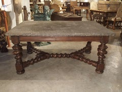 Impressive French Oak Table with Large Turned Legs and Bluestone Top, C. 1850