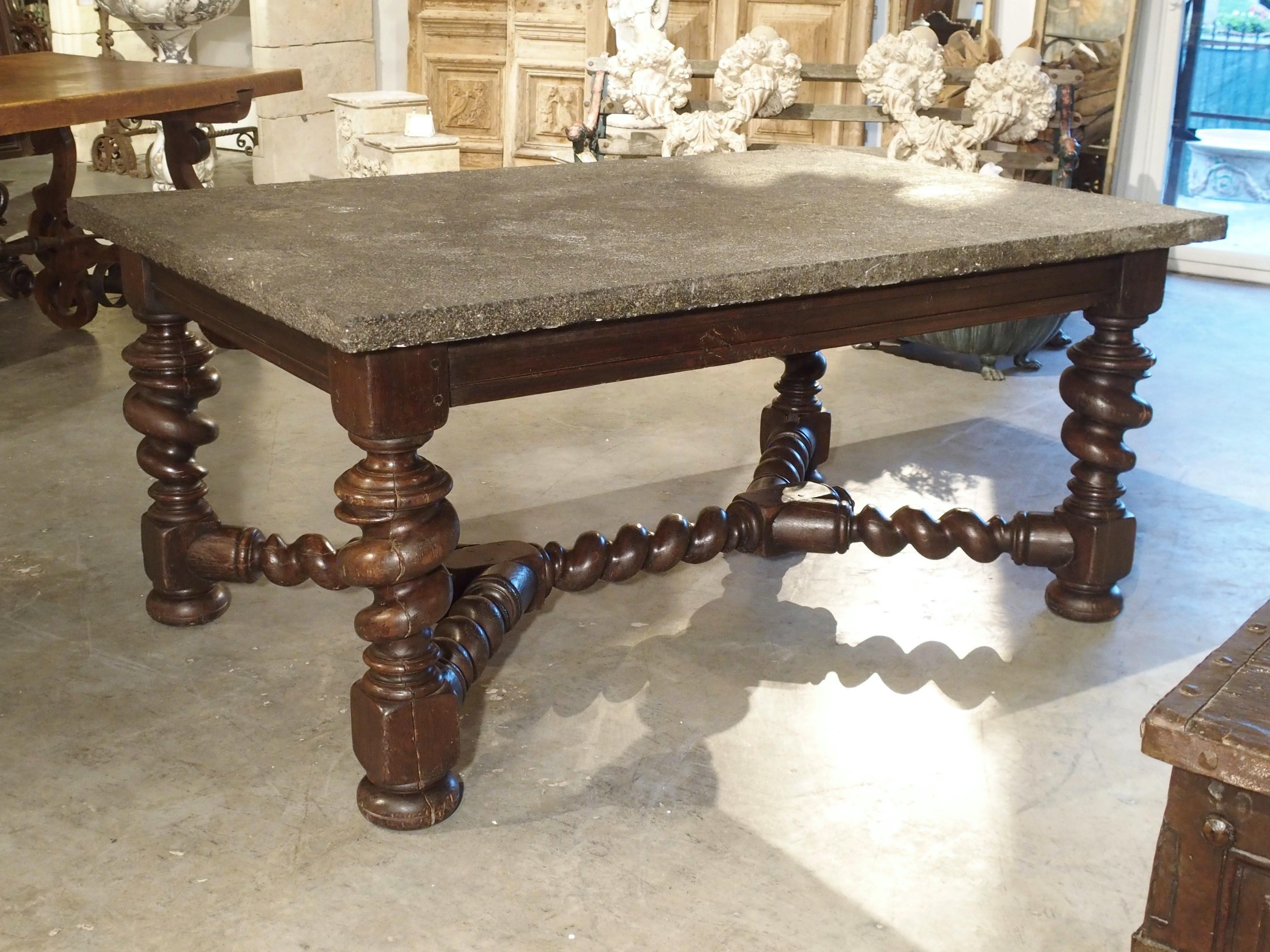 Impressive French Oak Table with Large Turned Legs and Bluestone Top, C. 1850 13
