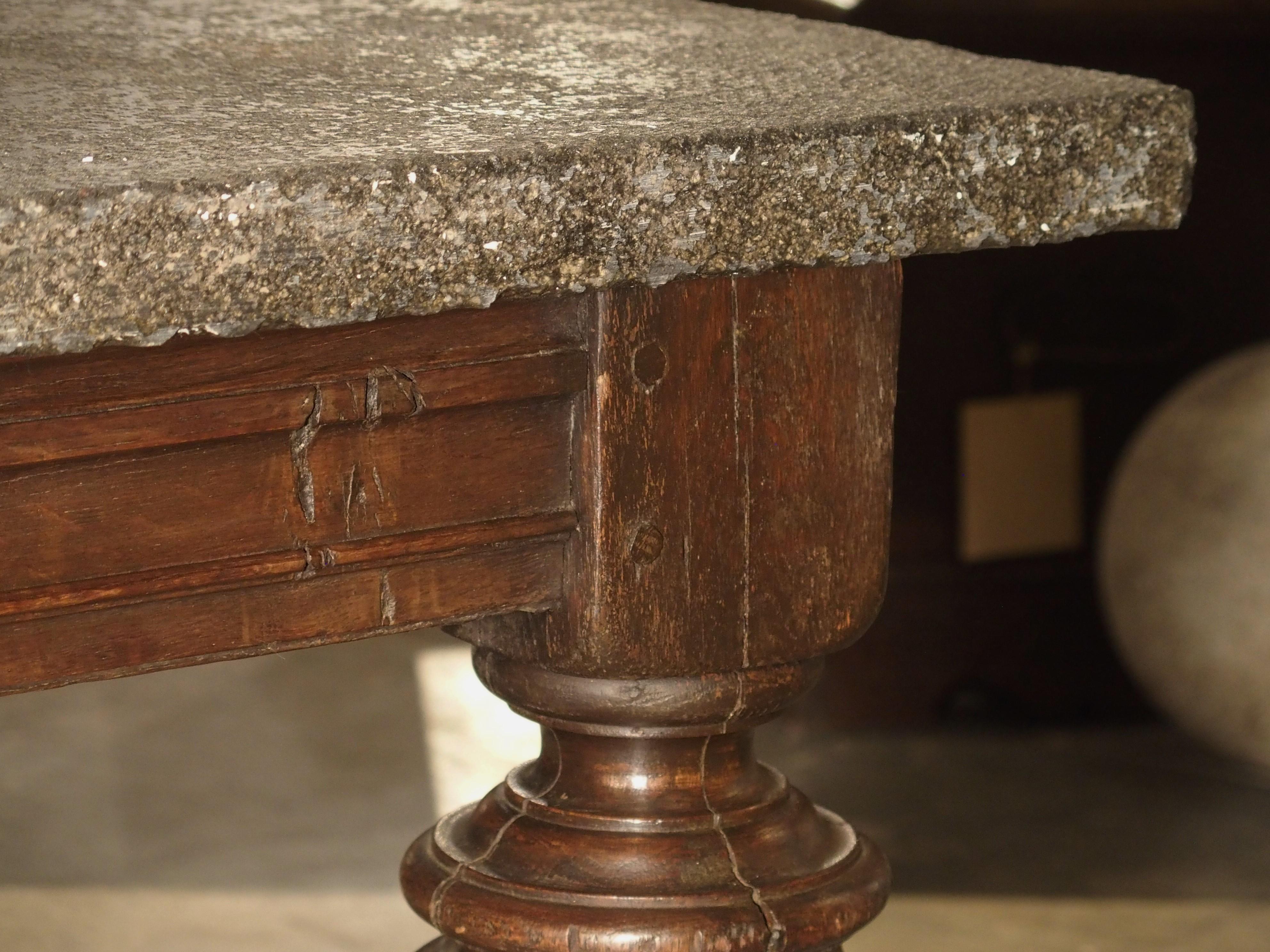 Impressive French Oak Table with Large Turned Legs and Bluestone Top, C. 1850 In Good Condition In Dallas, TX