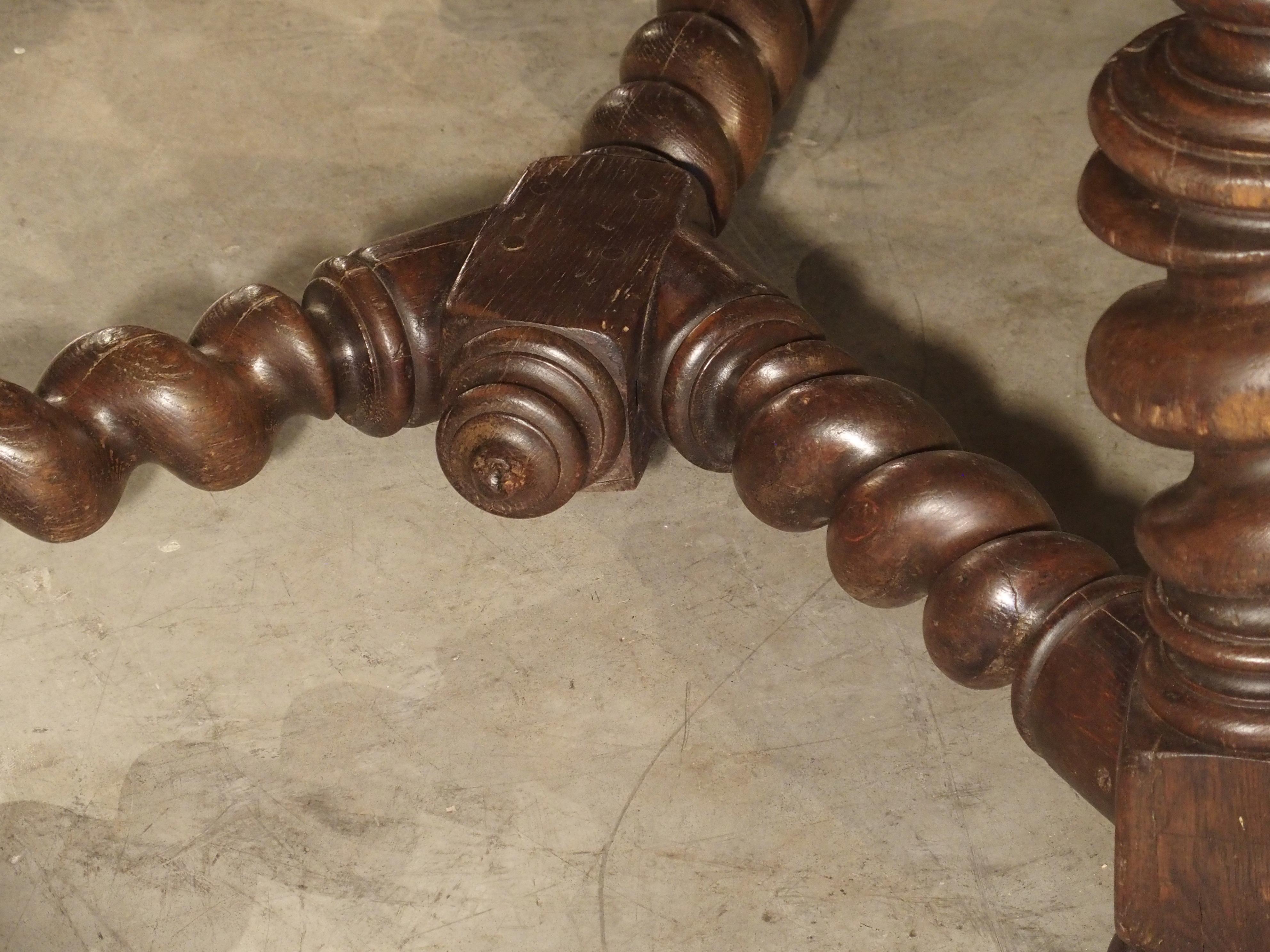 19th Century Impressive French Oak Table with Large Turned Legs and Bluestone Top, C. 1850